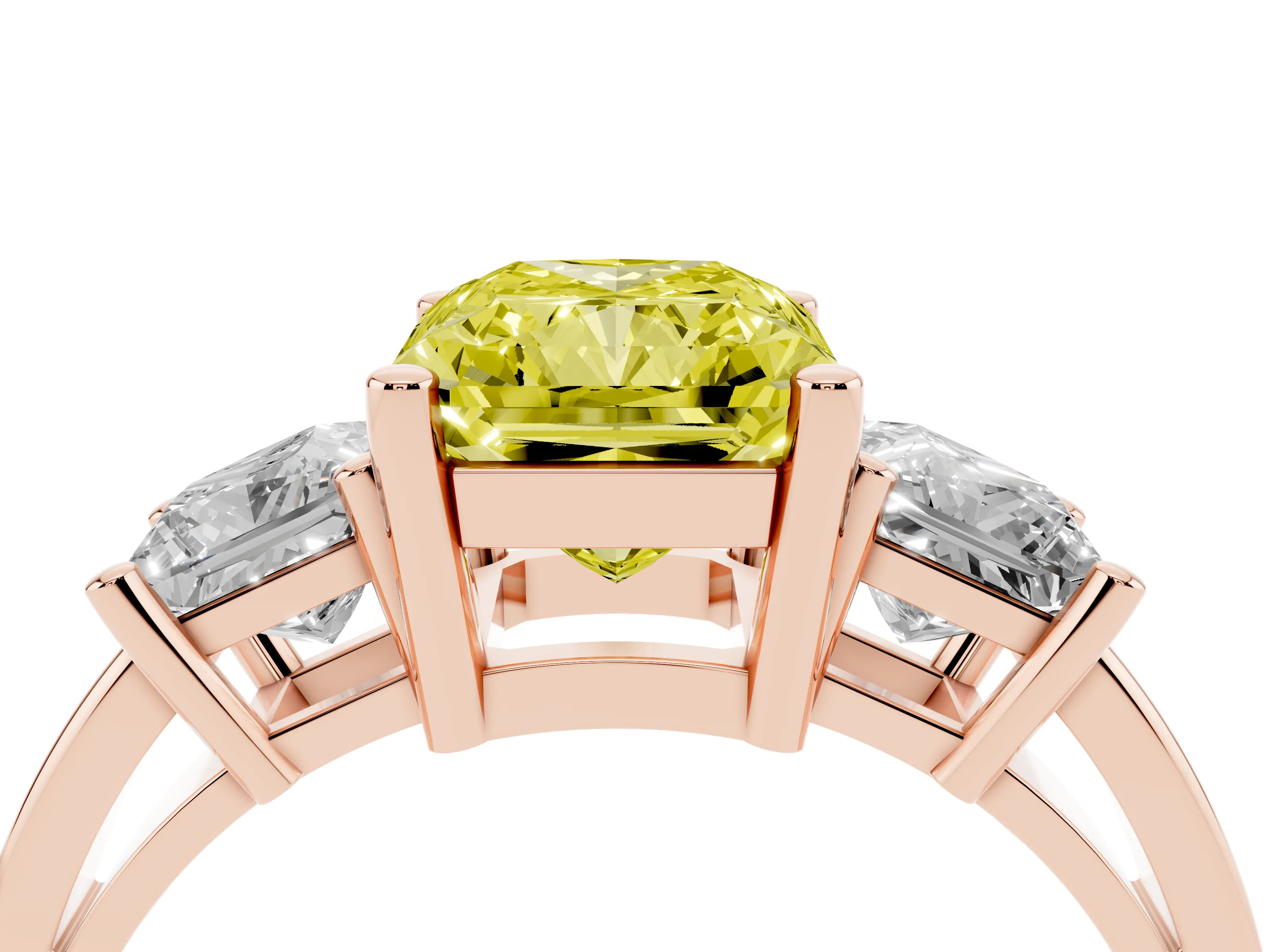 Fancy Yellow Three-Stone Radiant Cut Diamond Solitaire Ring Set in Rose gold with Prong Setting