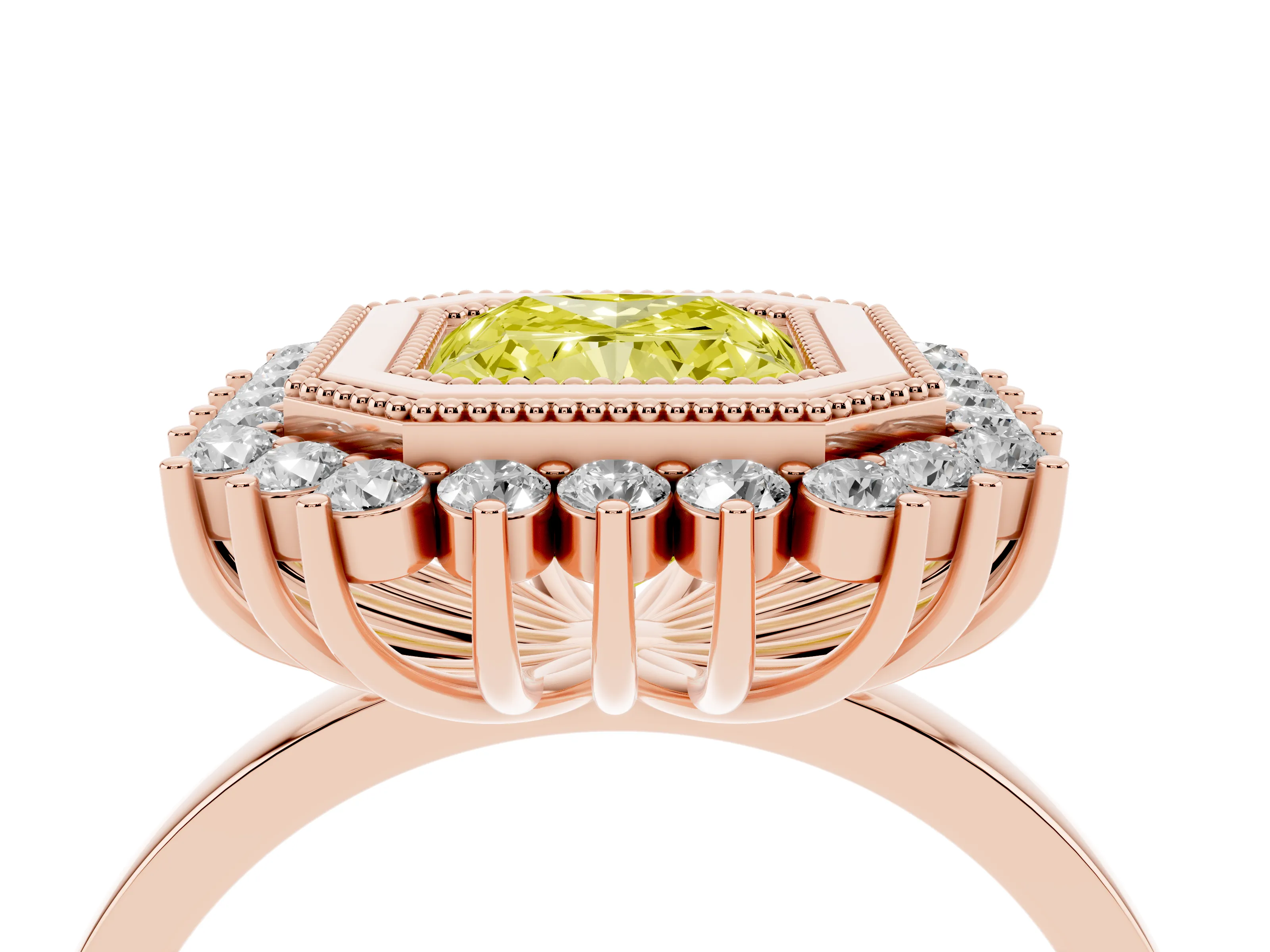 Fancy Yellow Radiant Cut Diamond Halo Ring Set in Rose gold with Milgrain Edge and Round Prong Setting