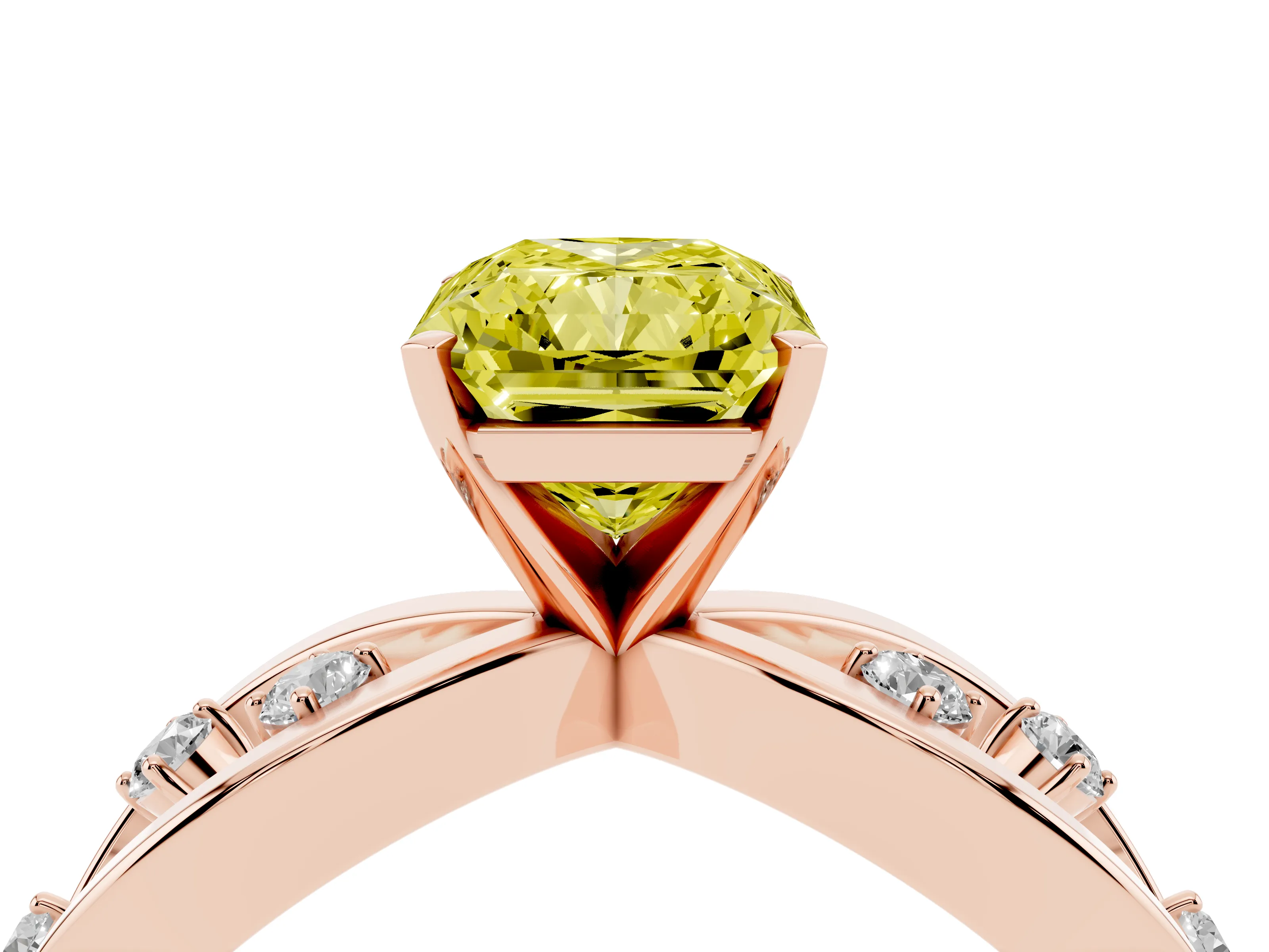 Fancy Yellow Radiant Cut Diamond Solitaire Ring Set in Rose gold with Side Stones on Criss-Cross Band and Prong Setting
