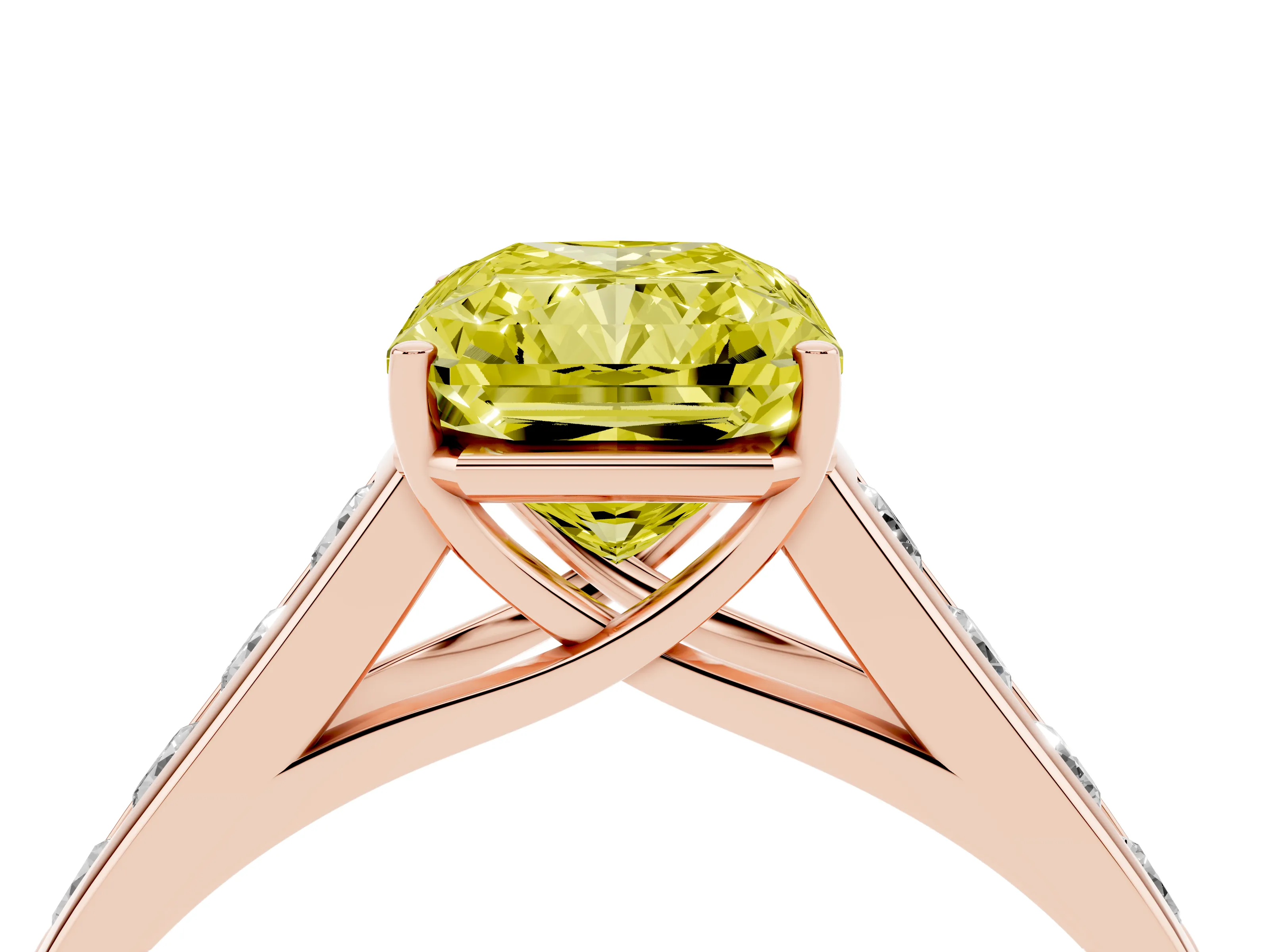 Fancy Yellow Radiant Cut Diamond Brilliant Channel-Set Solitaire Ring Set in Rose gold with Prong Setting