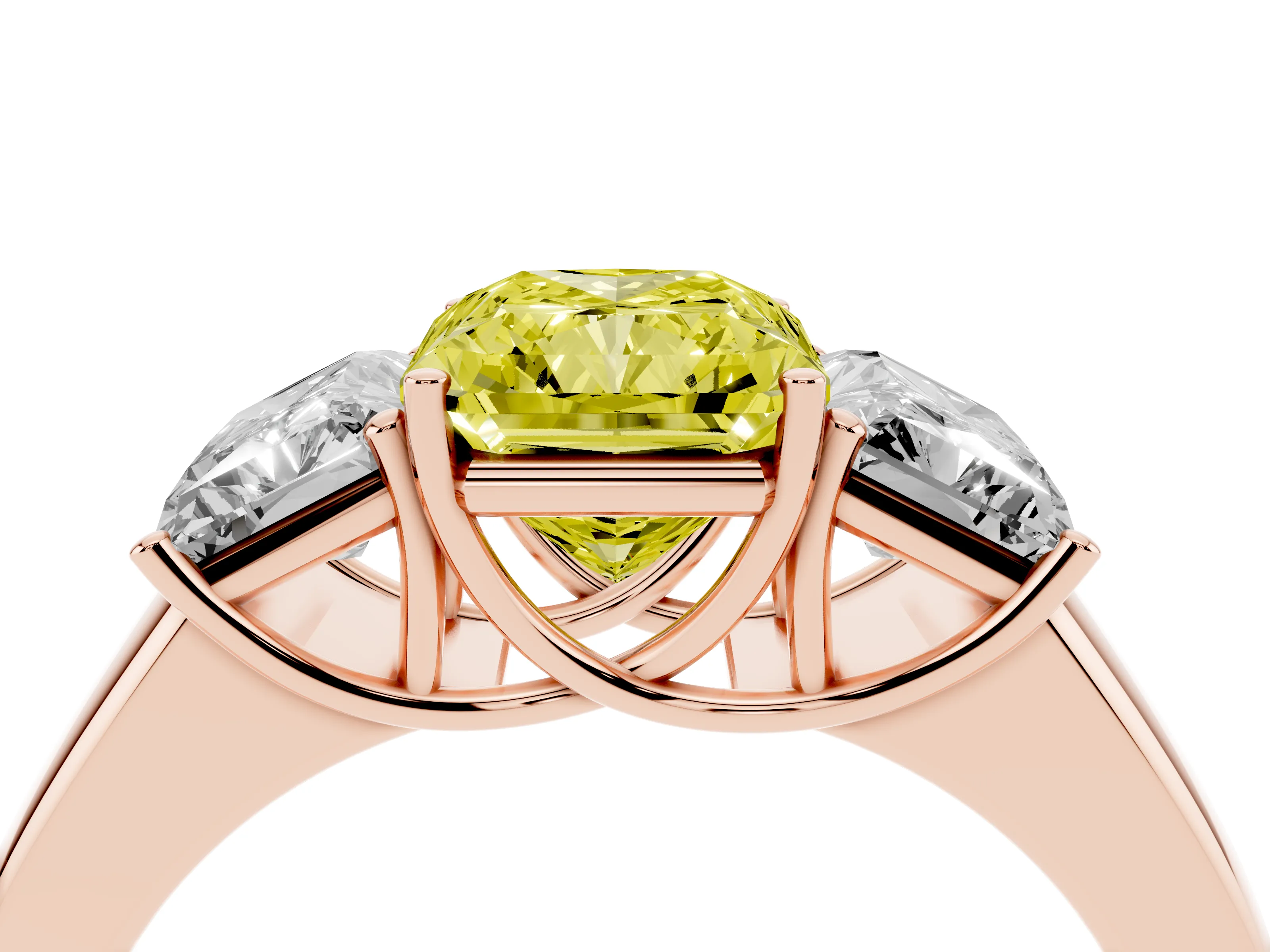 Fancy Yellow Three-Stone Radiant Cut Diamond Ring Set in Rose gold with Matching Prong Settings and Plain Band