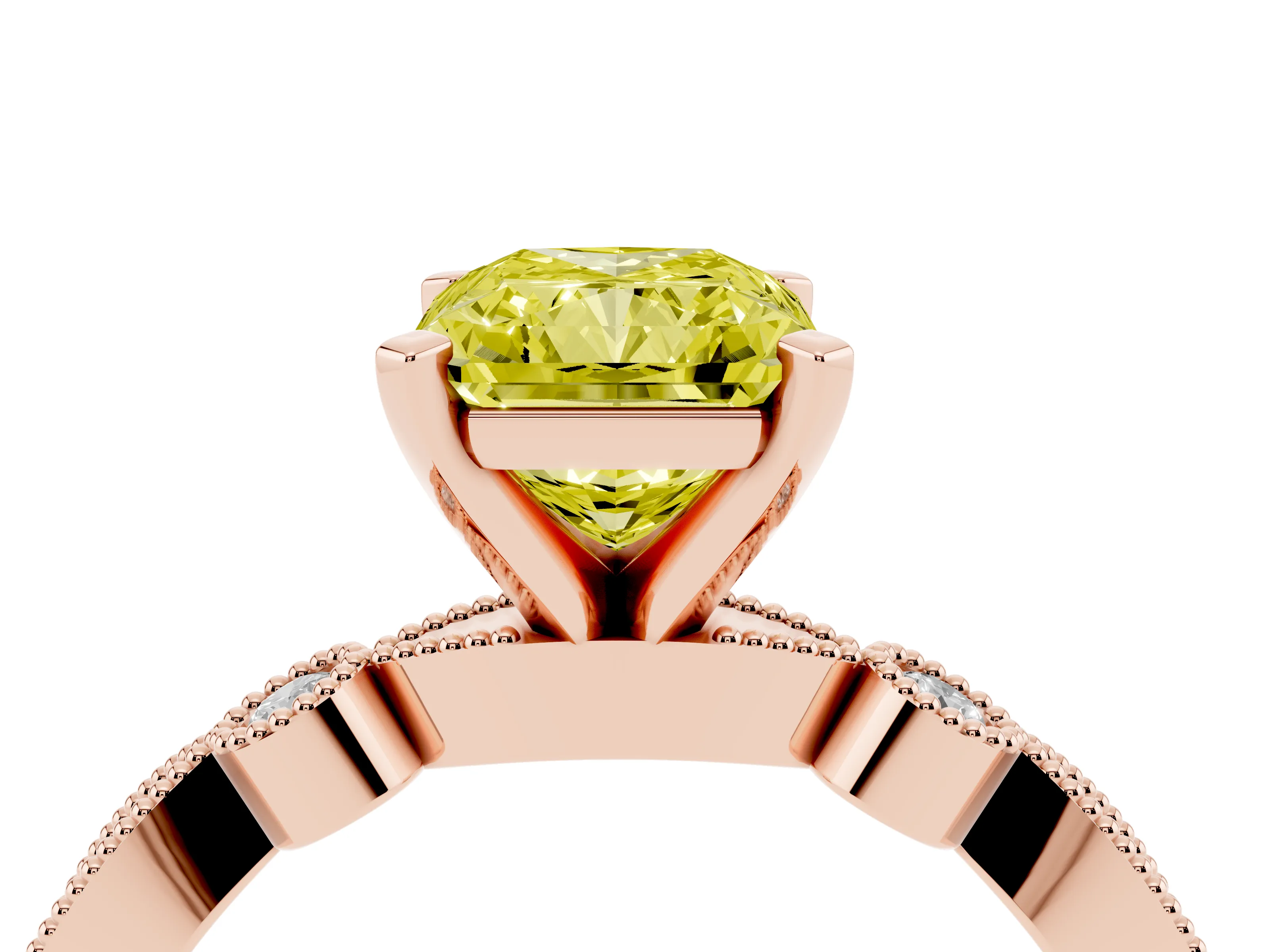 Fancy Yellow Radiant Cut Diamond Solitaire Engagement Ring Set in Rose gold with Milgrain Bezel Accent Band