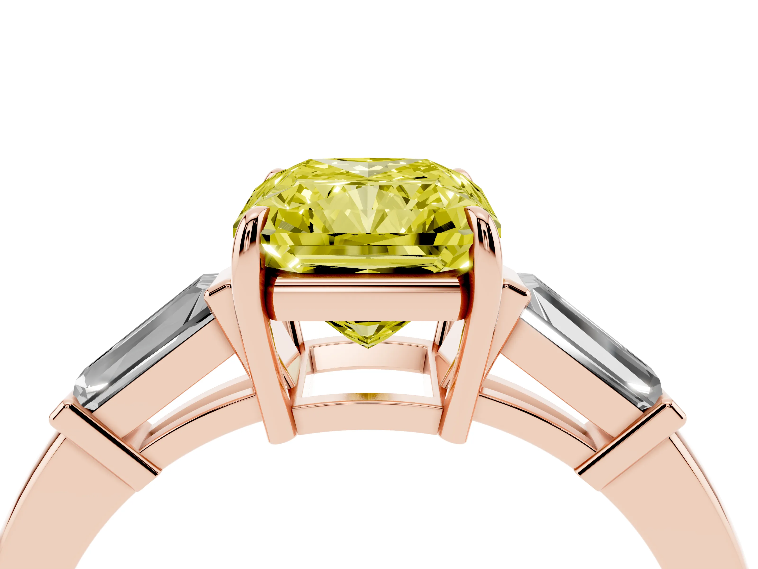 Fancy Yellow Radiant Cut Diamond Three-Stone Ring Set in Rose gold with Tapered Baguette Side Stones and Prong Setting