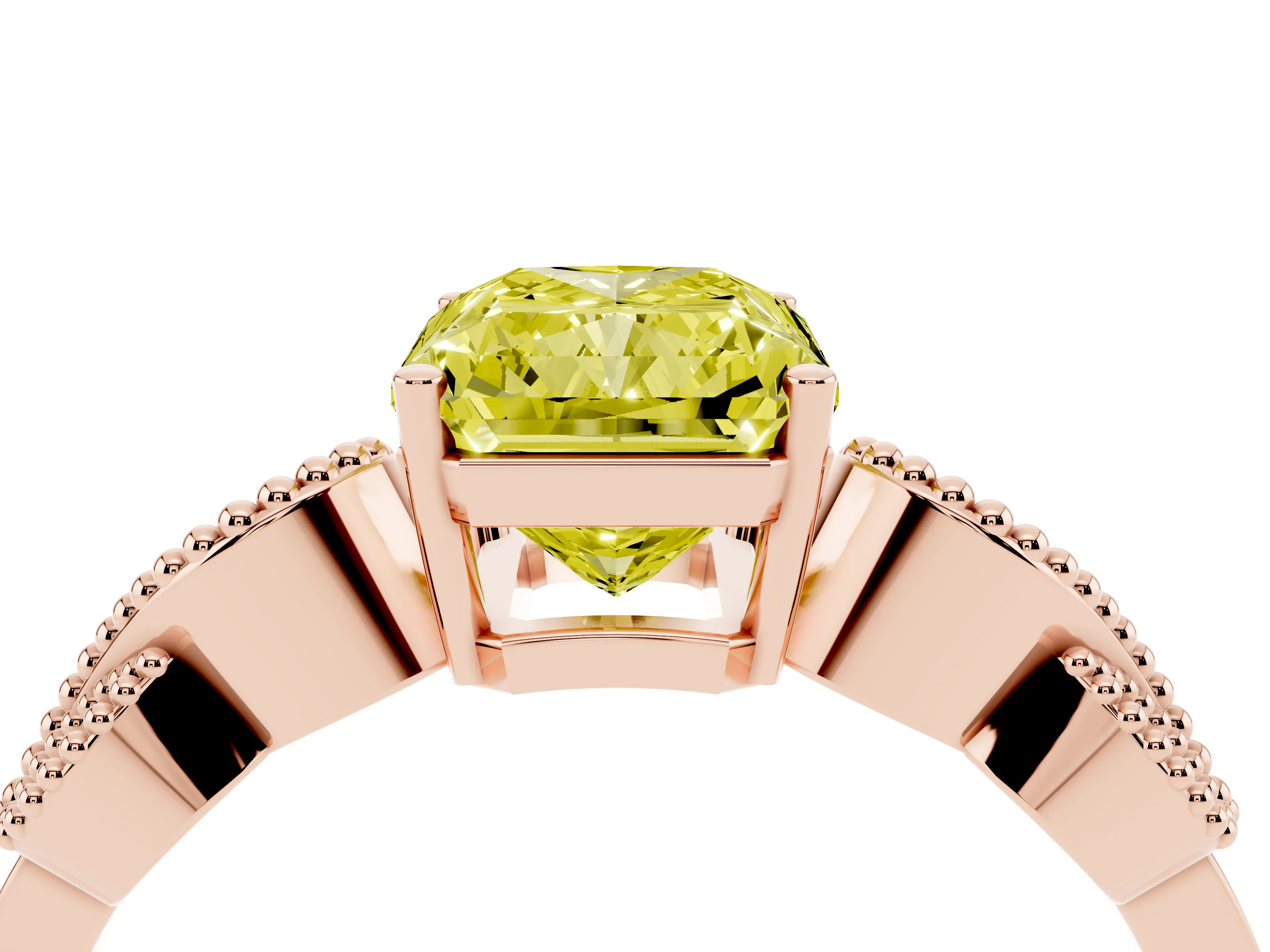 Fancy Yellow Radiant Cut Diamond Milgrain Leaf Band Solitaire Ring Set in Rose gold with Accent Stones and Prong Setting