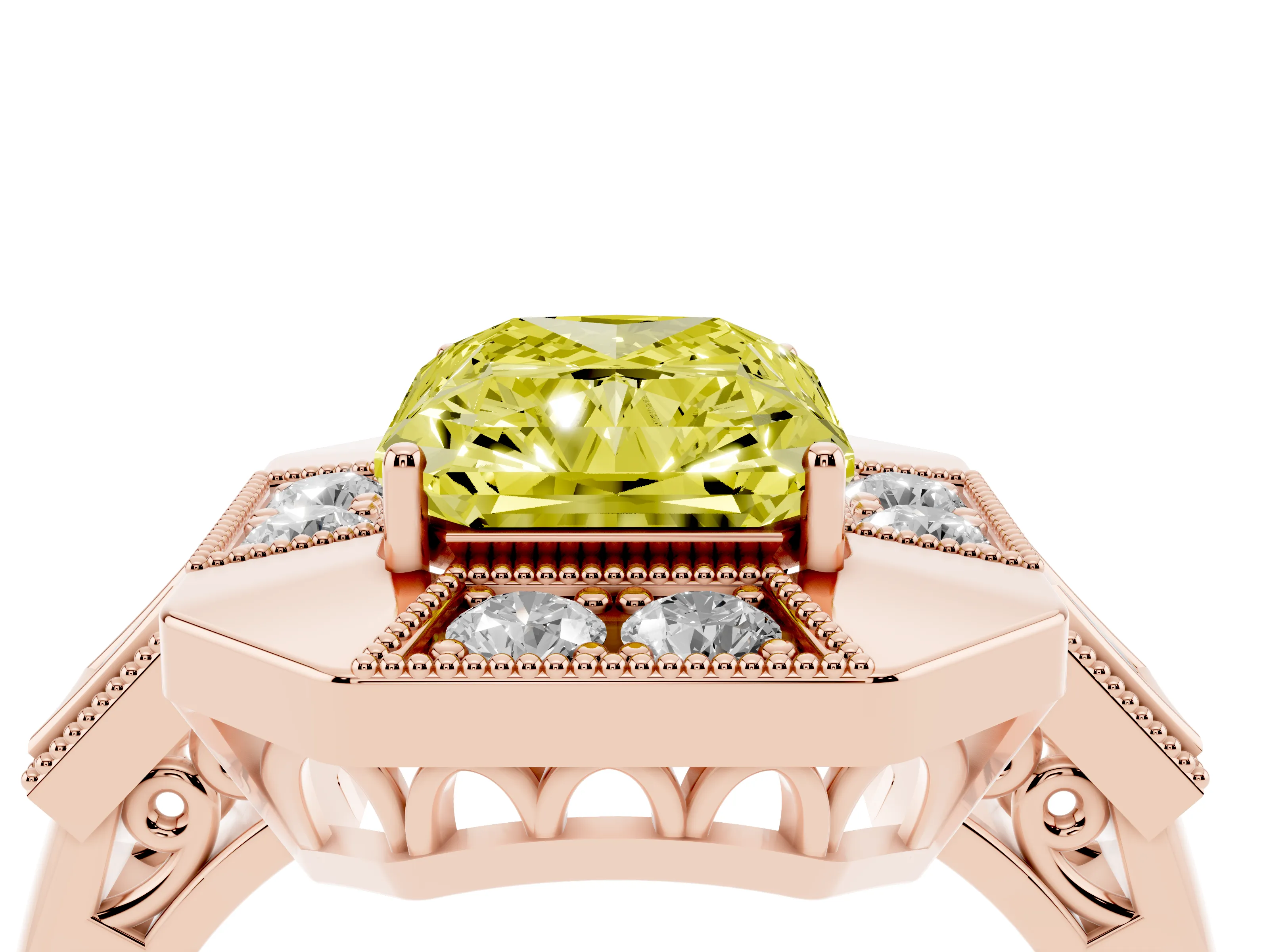 Fancy Yellow Radiant Cut Diamond Milgrain Halo Ring Set in Rose gold with Split Shank