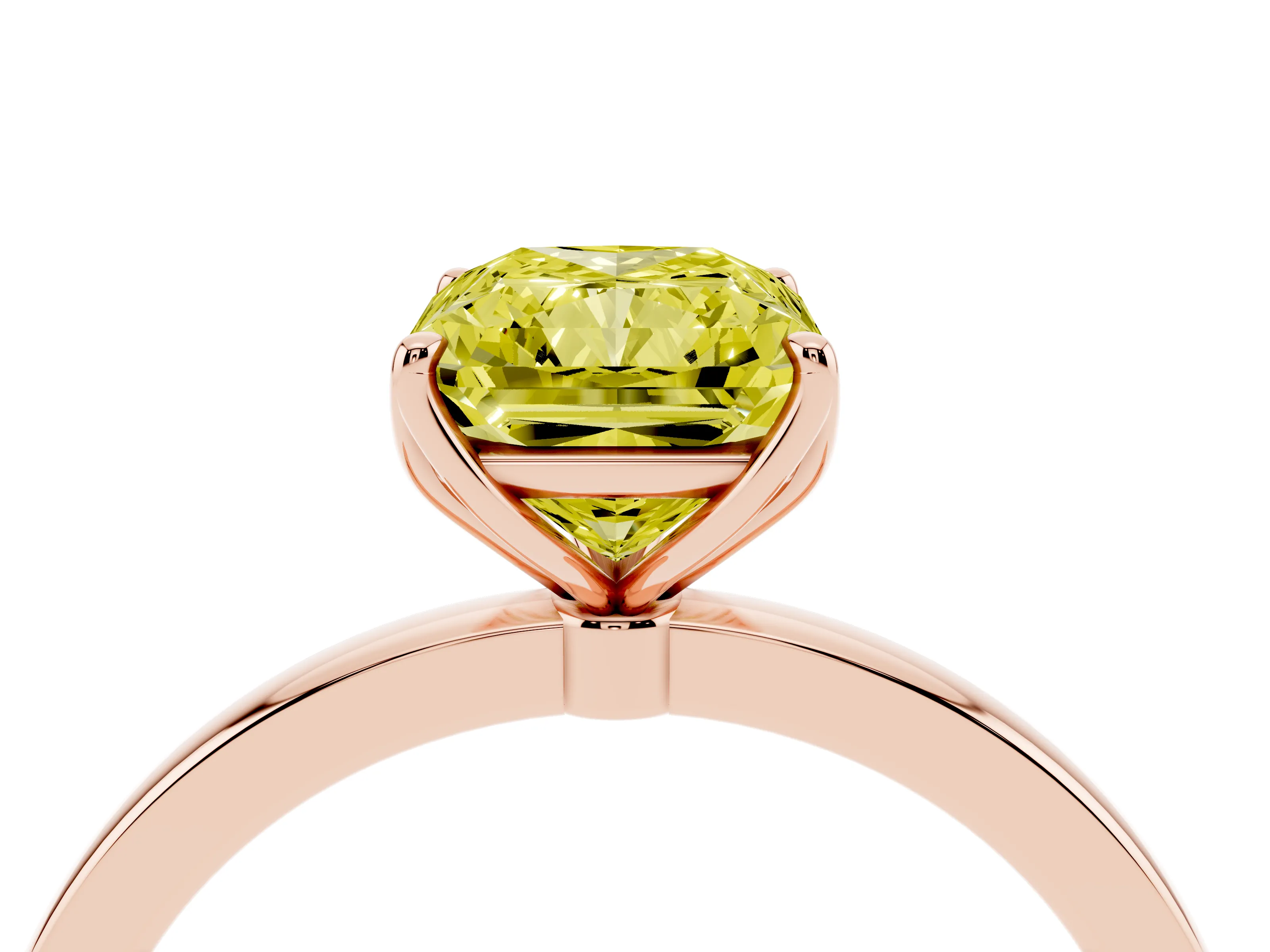 Fancy Yellow Radiant Cut Diamond Solitaire Ring Set in Rose gold with Prong Setting and Thin Polished Band