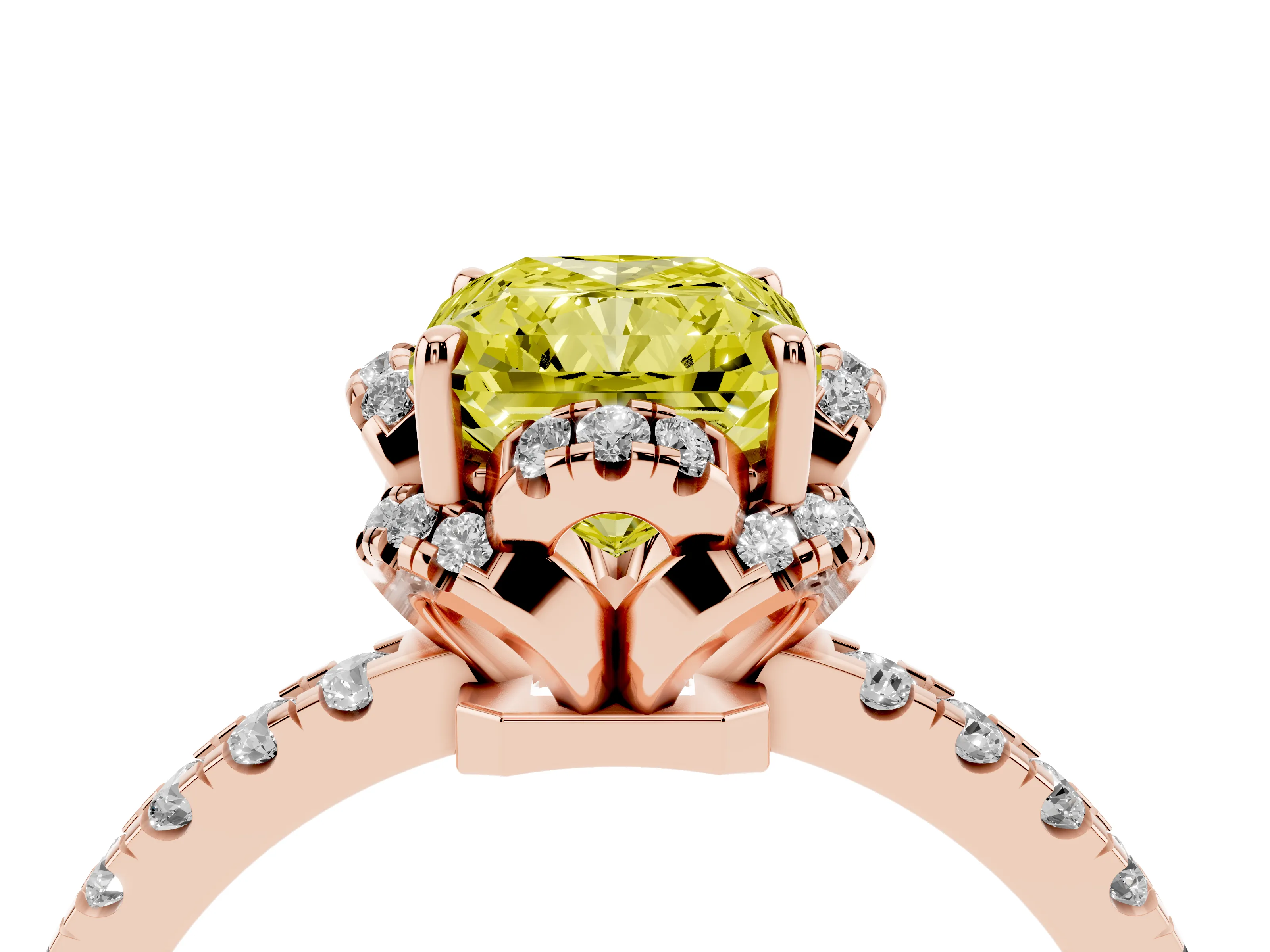 Fancy Yellow Radiant Cut Diamond Halo Pavé Band Ring Set in Rose gold with Prong-Held Center