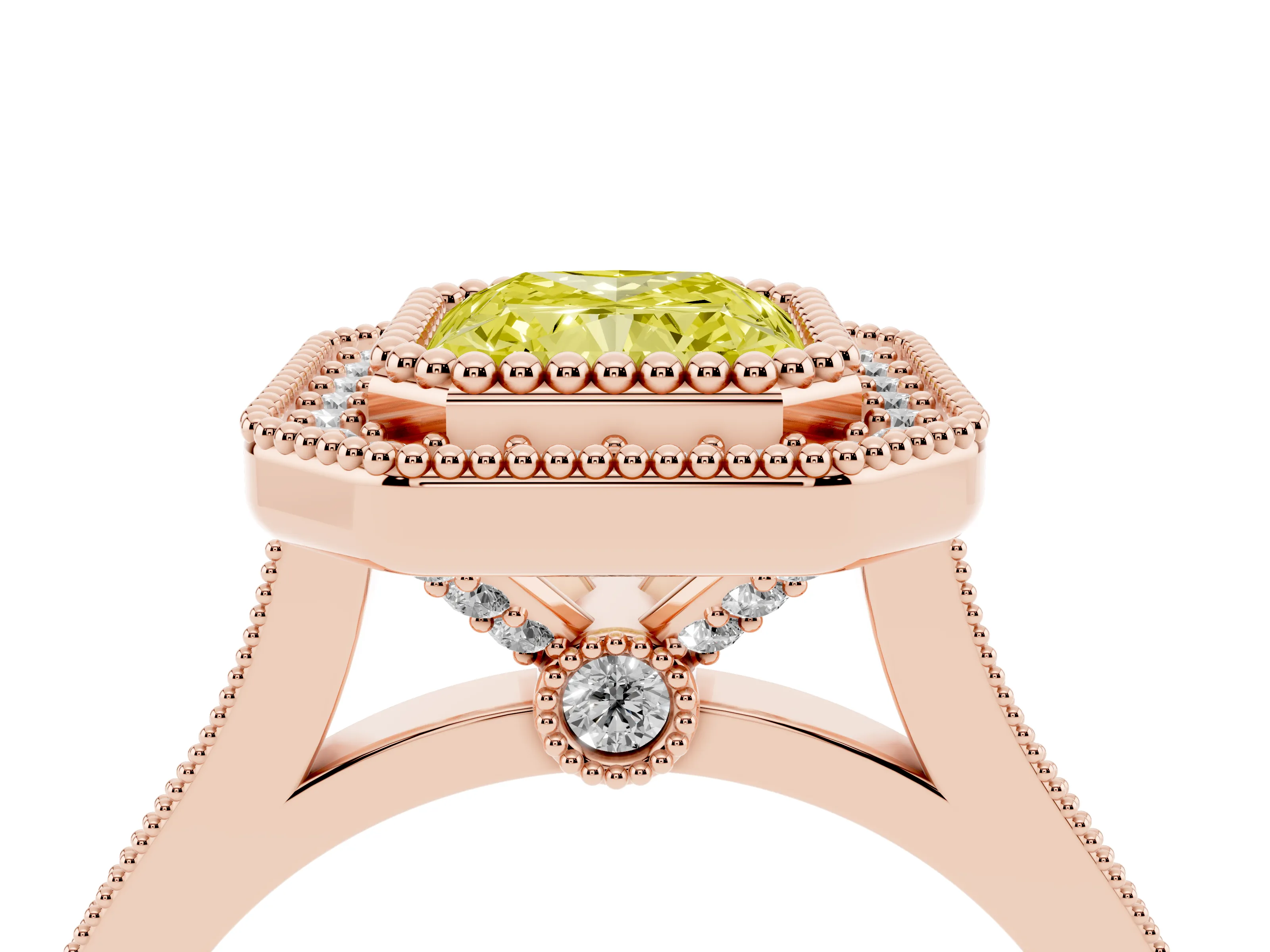 Fancy Yellow Radiant Cut Diamond Halo Ring Set in Rose gold with Milgrain Frame and Pavé Band