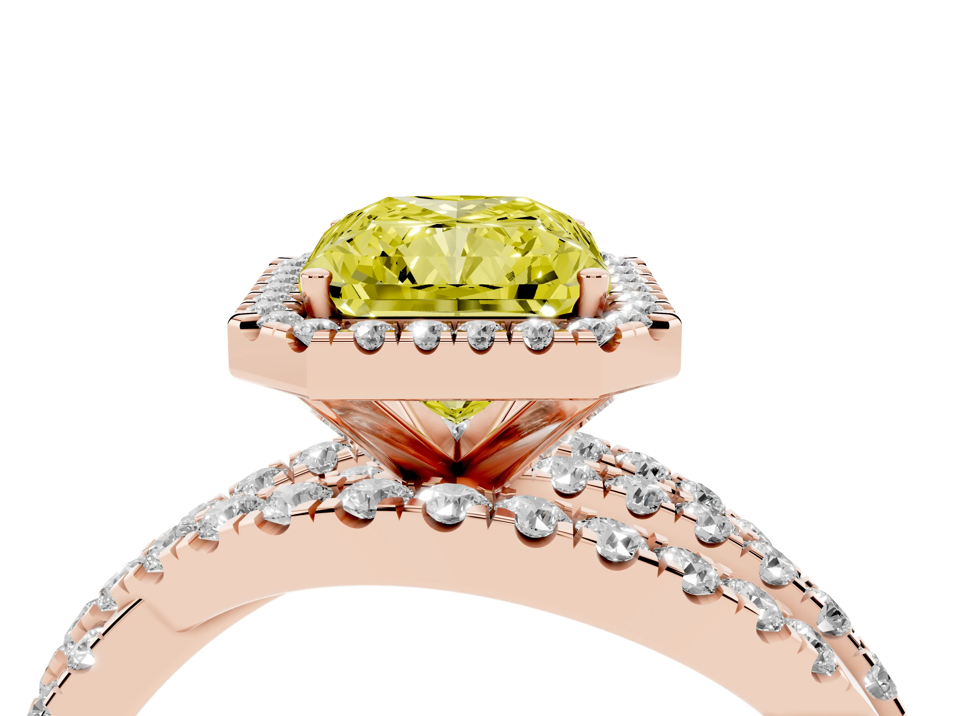 Fancy Yellow Radiant Cut Diamond Halo Ring Set in Rose gold with Round Crossover Split Shank and Prong Setting