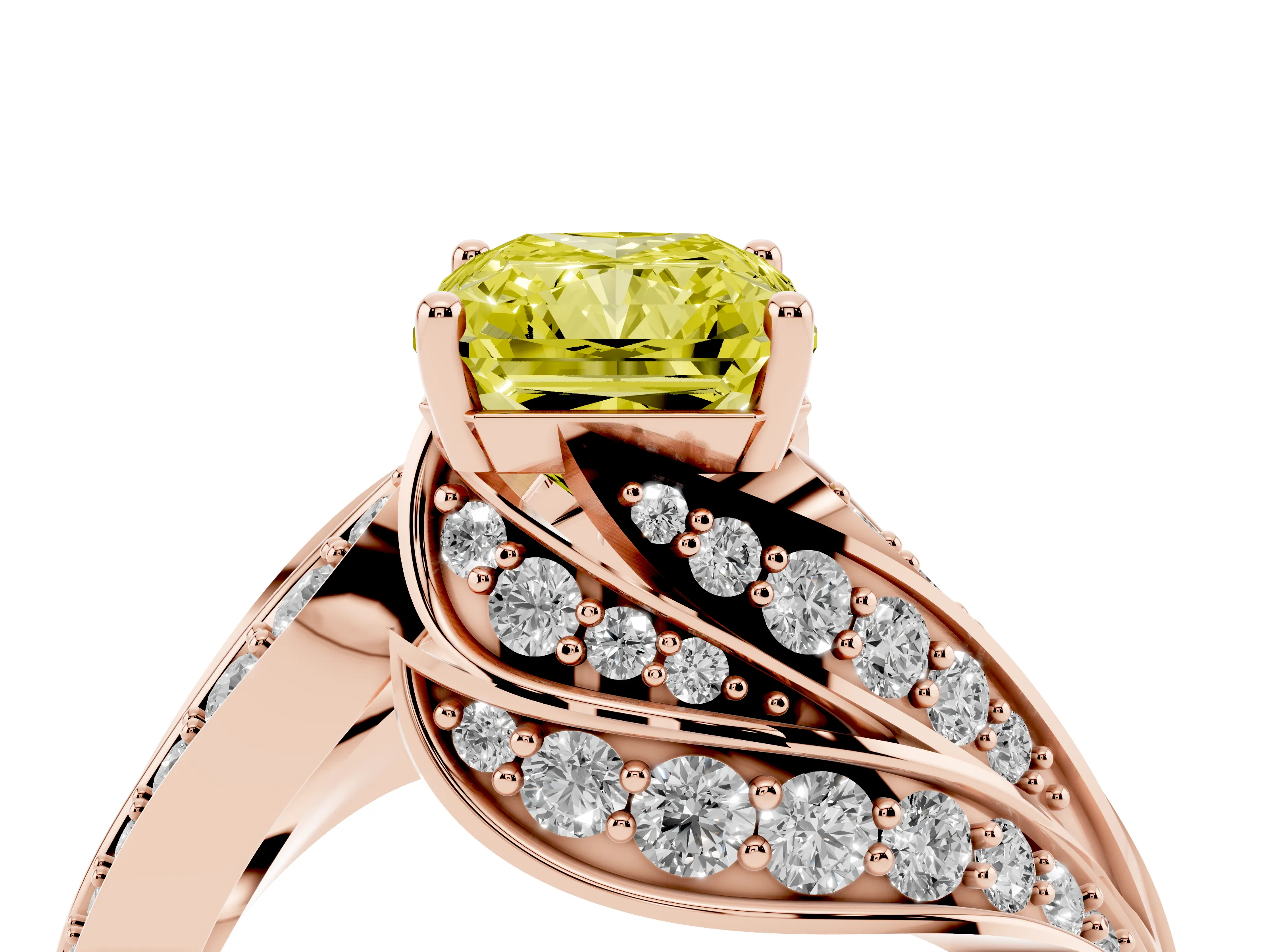 Fancy Yellow Radiant Cut Diamond Solitaire Ring Set in Rose gold with Layered Twist Pavé Band