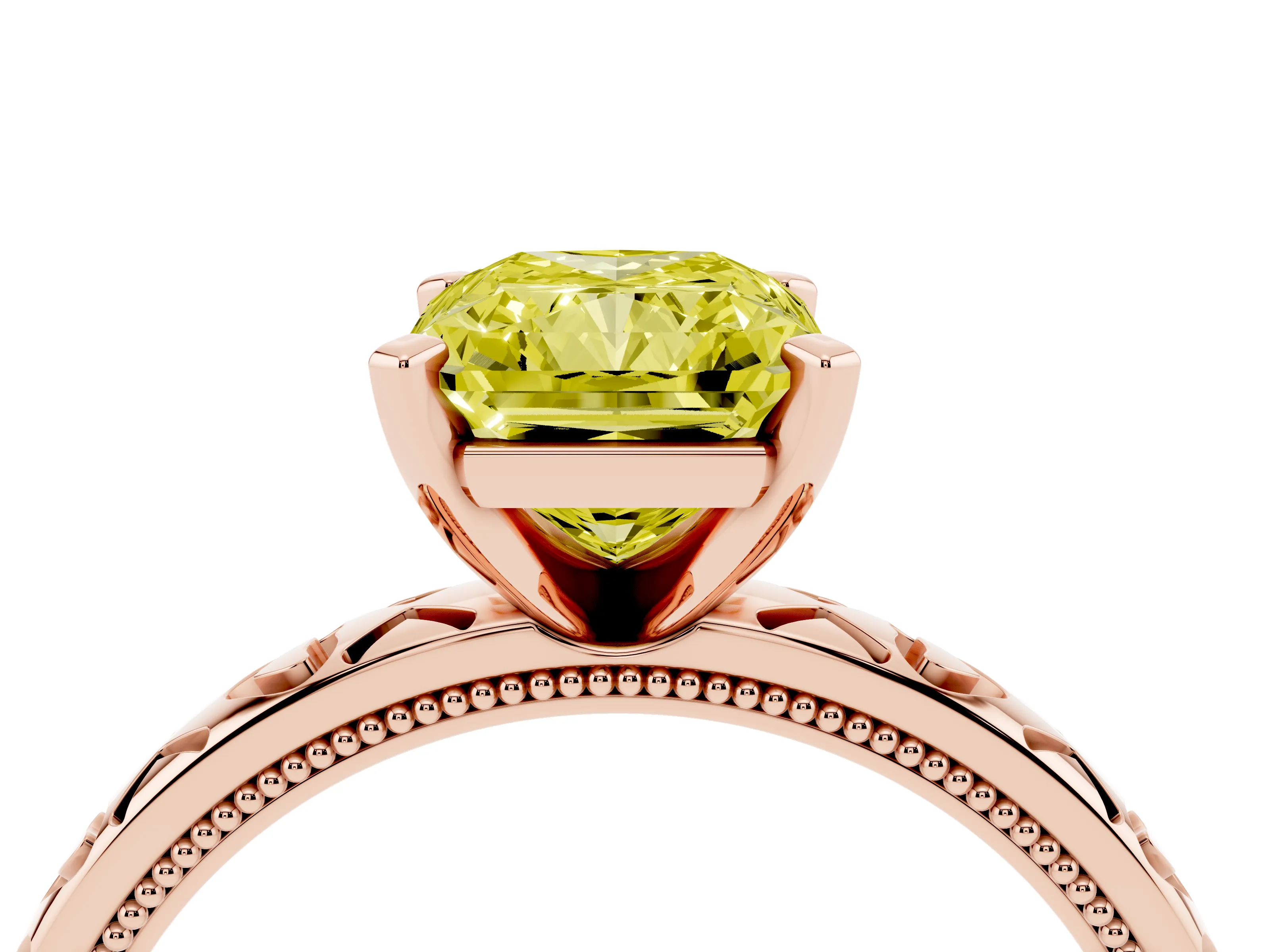Fancy Yellow Radiant Cut Diamond Solitaire Engagement Ring Set in Rose gold with XO Engraved Band and Prong Setting