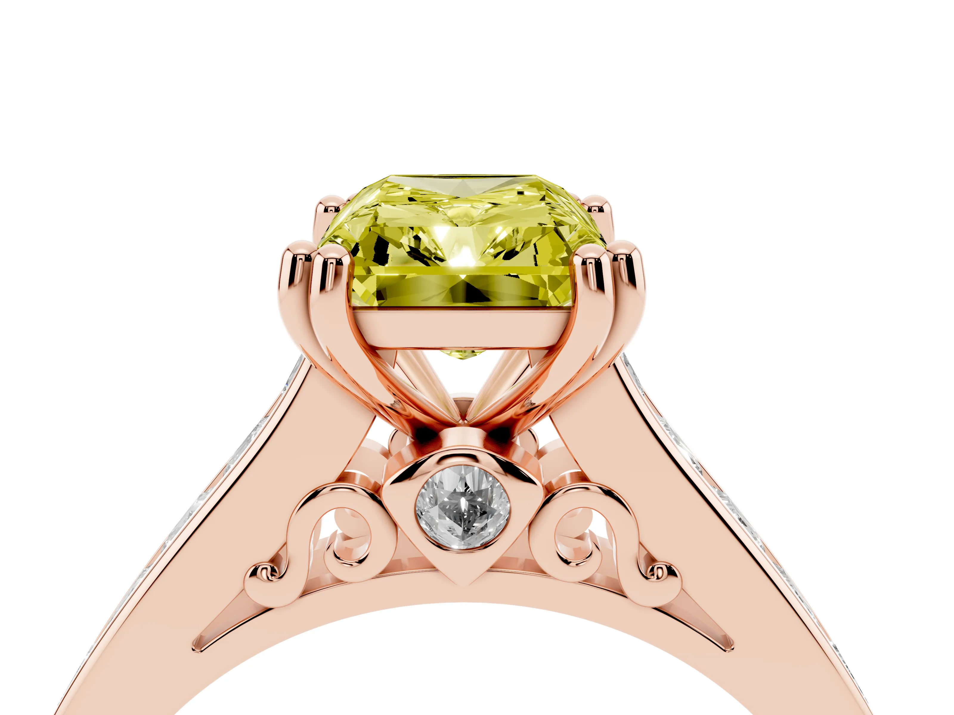 Fancy Yellow Radiant Cut Diamond Channel Set Solitaire Engagement Ring Set in Rose gold with Prong Setting