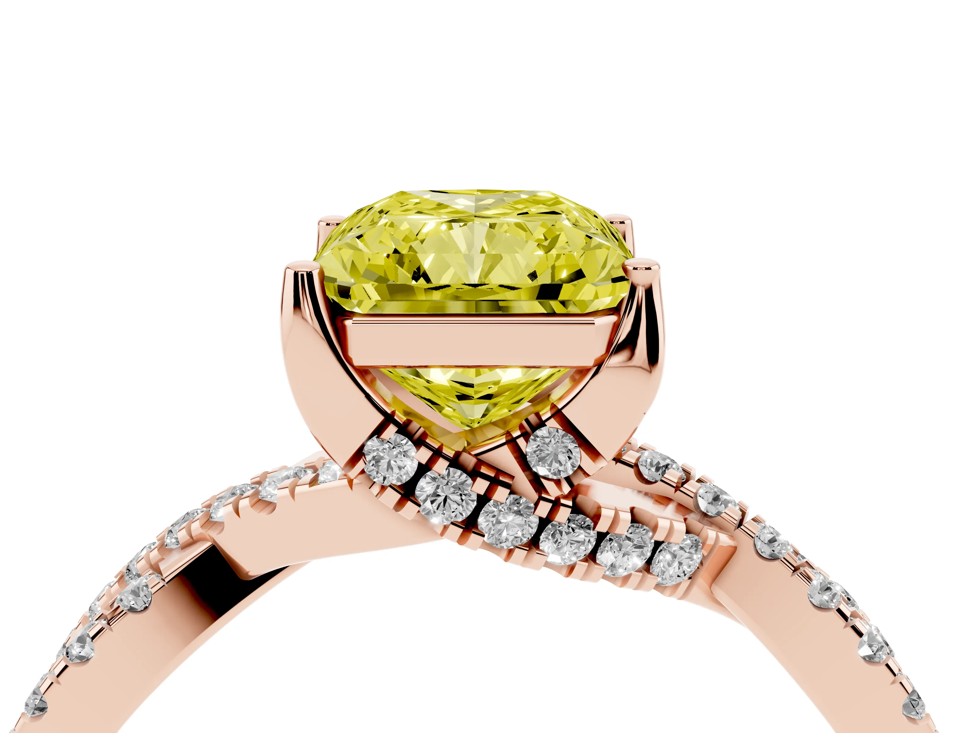 Fancy Yellow Radiant Cut Diamond Twist Pavé Solitaire Engagement Ring Set in Rose gold with Prong Setting