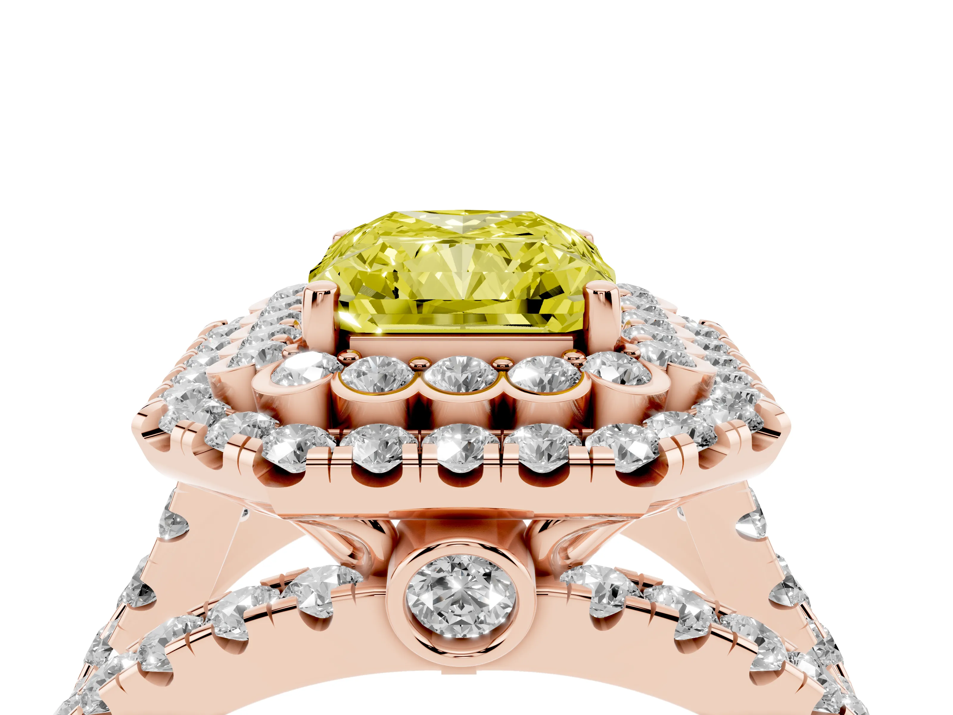 Fancy Yellow Radiant Cut Diamond Double Halo Ring Set in Rose gold with Round Pavé Split Shank