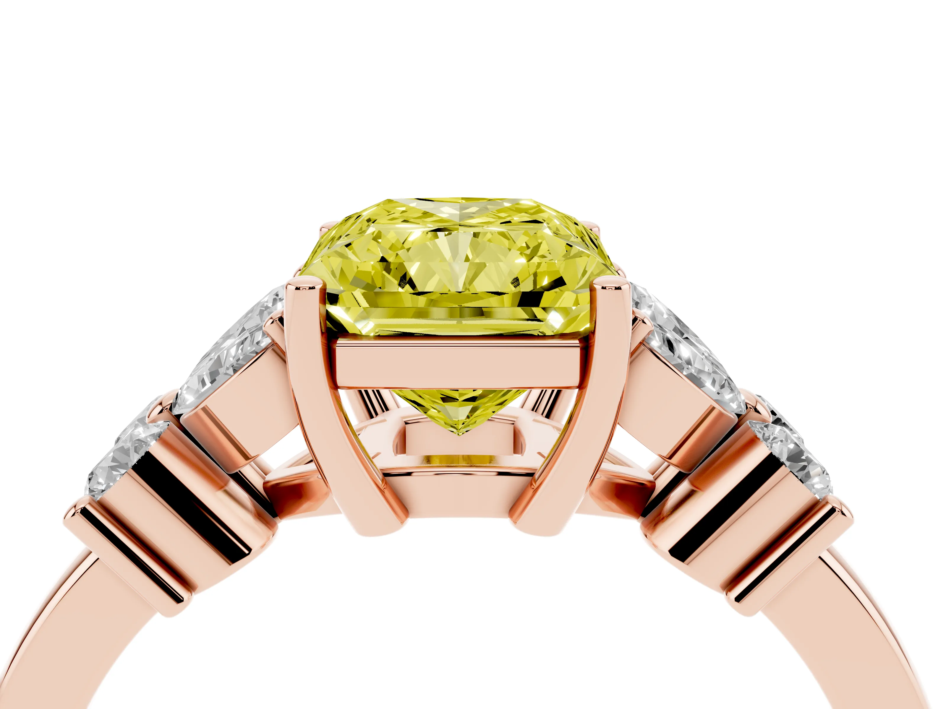 Fancy Yellow Radiant Cut Diamond Floral Cluster Ring Set in Rose gold with Marquise Petals and Prong Setting
