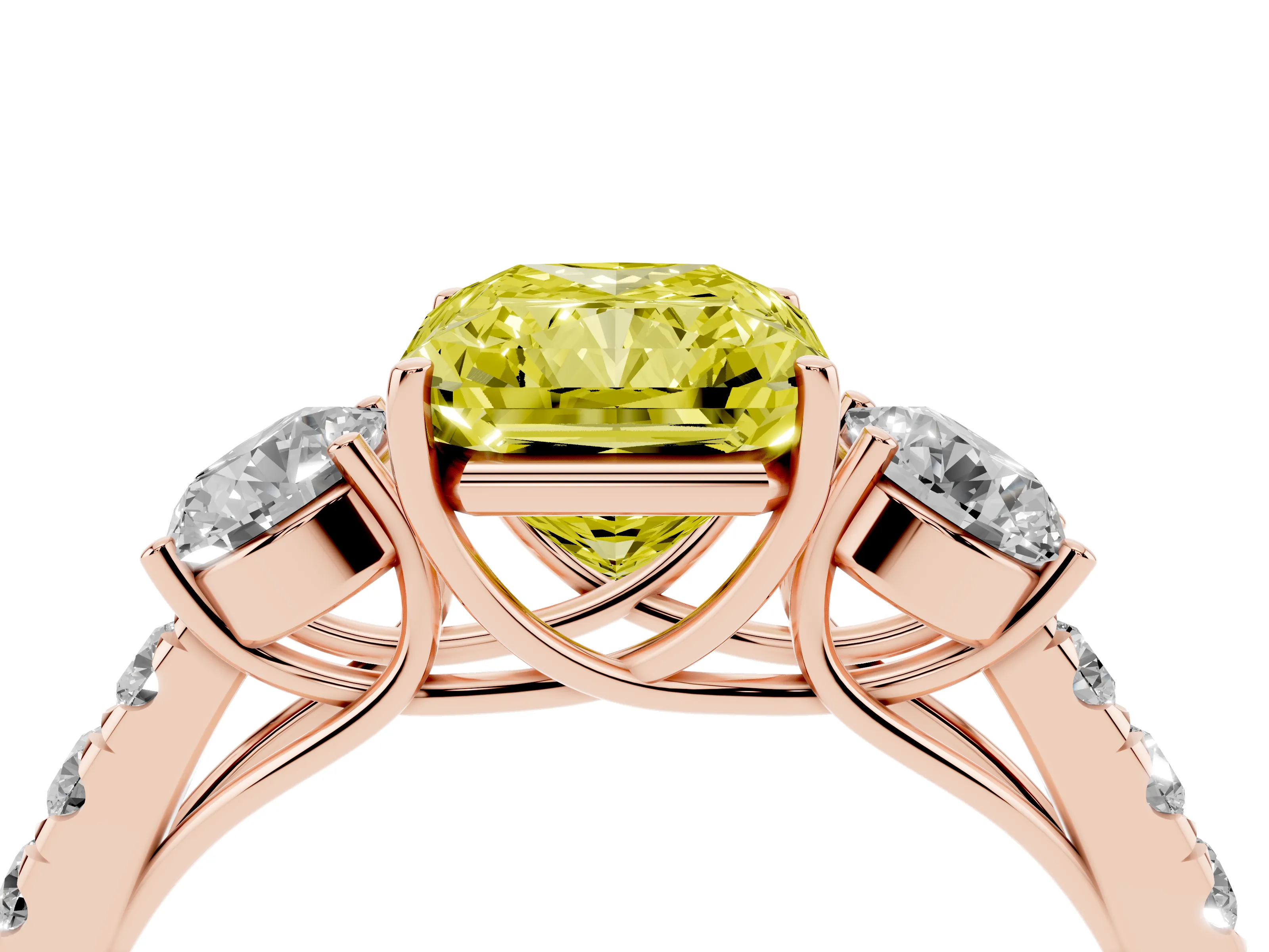 Fancy Yellow Radiant Cut Diamond Three-Stone Ring Set in Rose gold with Round Side Stones and Delicate Pavé Band