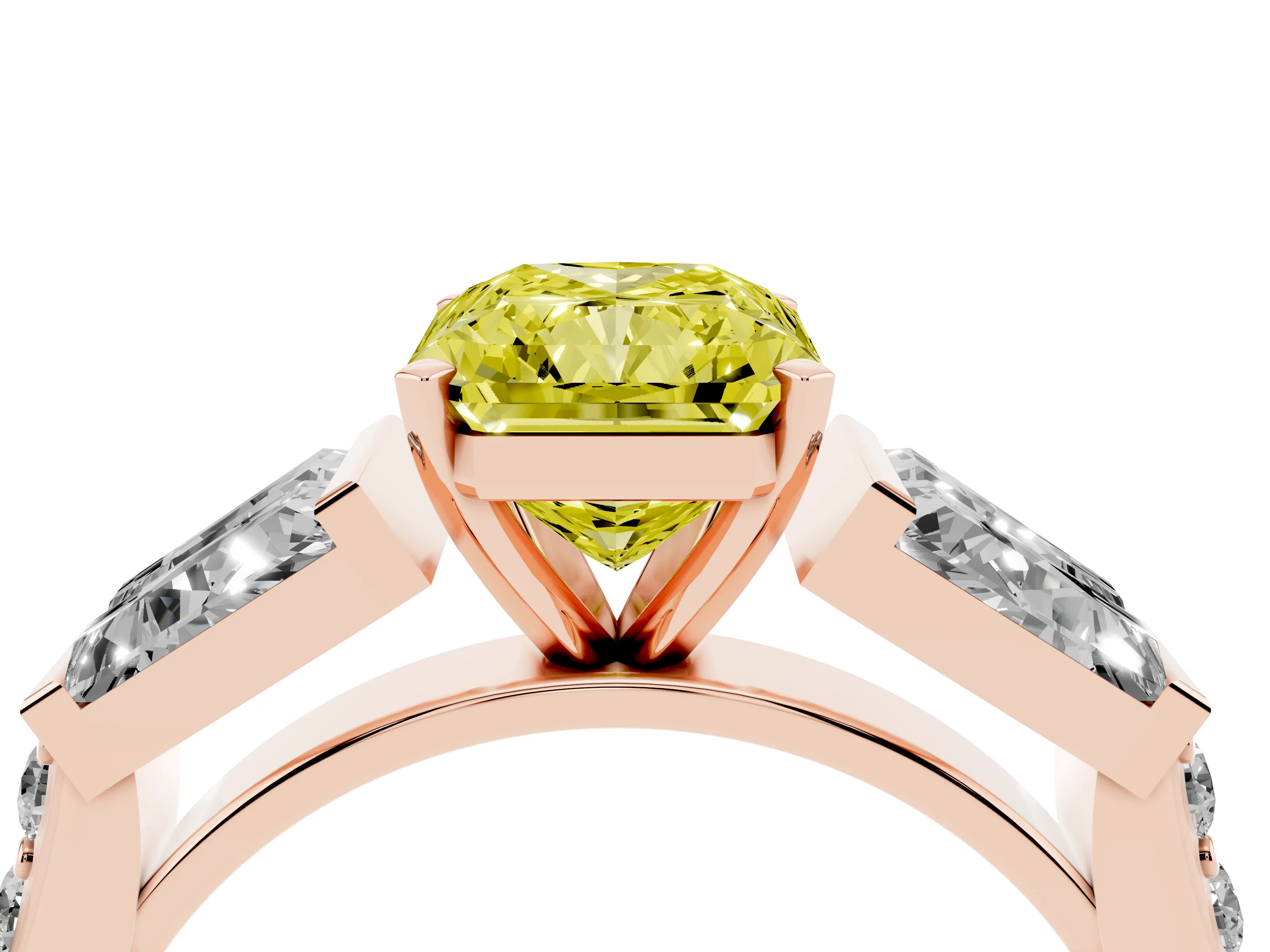 Fancy Yellow Radiant Cut Diamond Engagement Ring Set in Rose gold with Baguette Side Stones and Channel Set Band