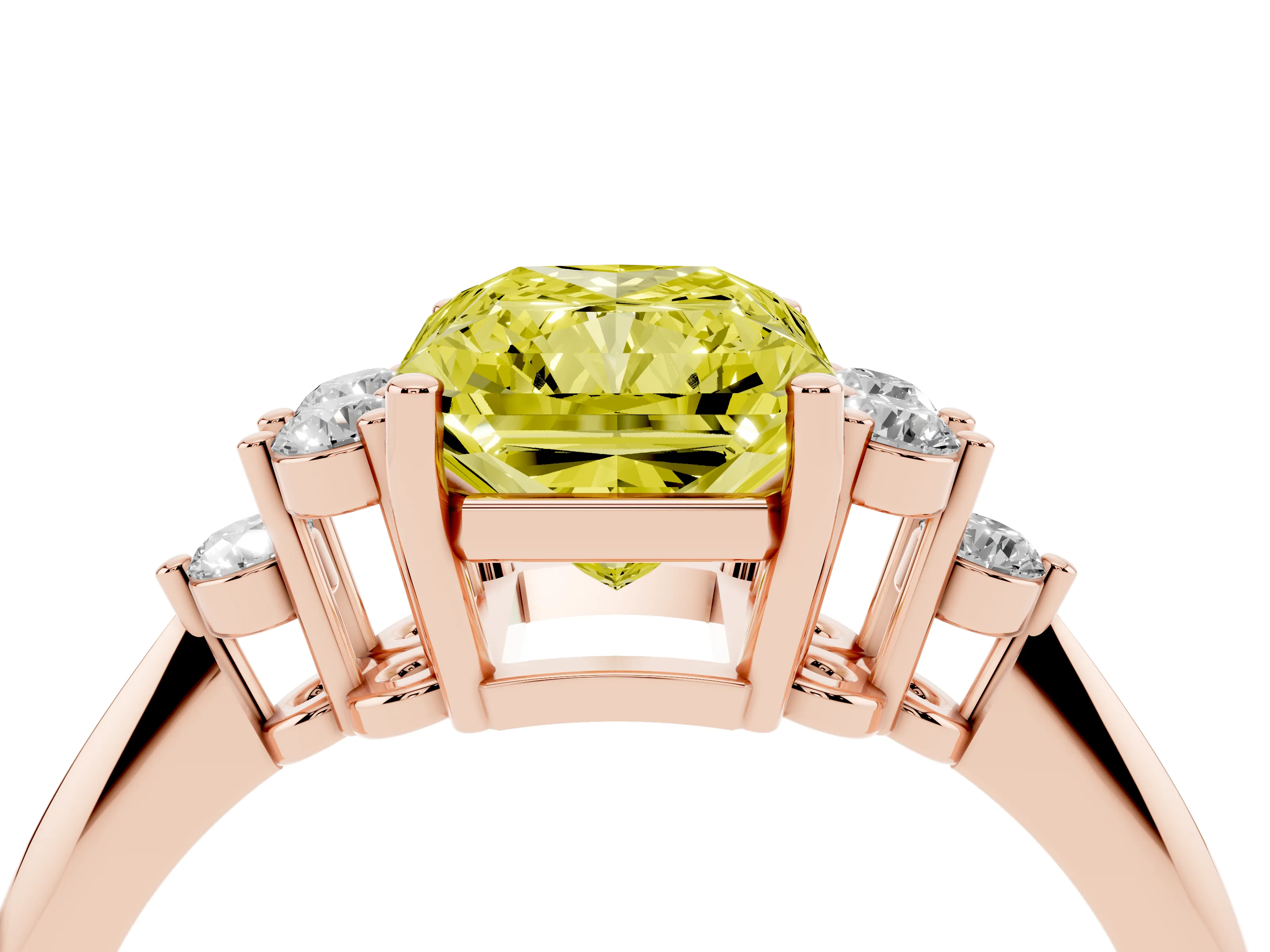 Fancy Yellow Radiant Cut Diamond Cluster Ring Set in Rose gold with Plain Band and Prong Setting