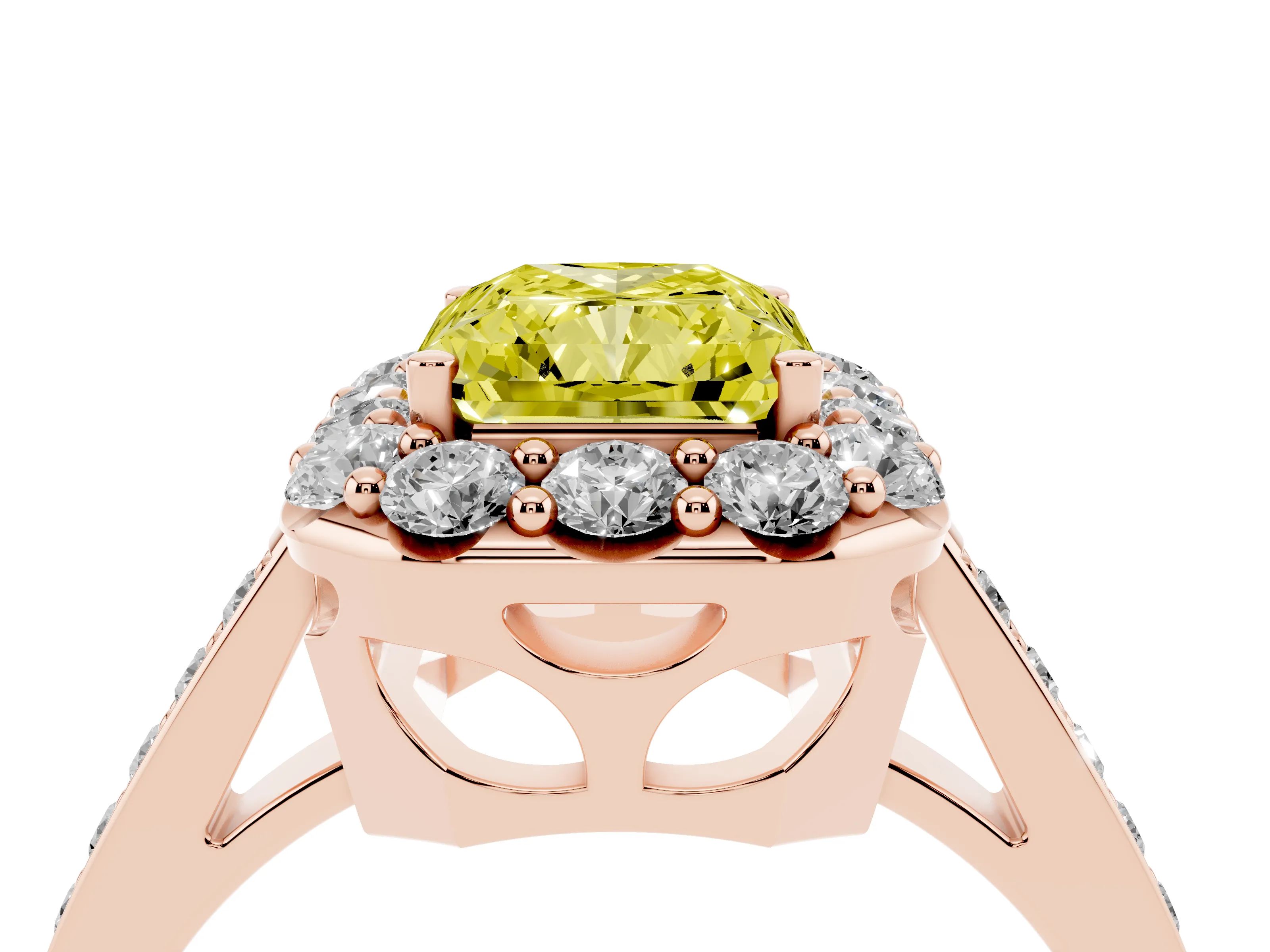 Fancy Yellow Radiant Cut Diamond Floral Halo Ring Set in Rose gold with Pavé Band and Prong Setting