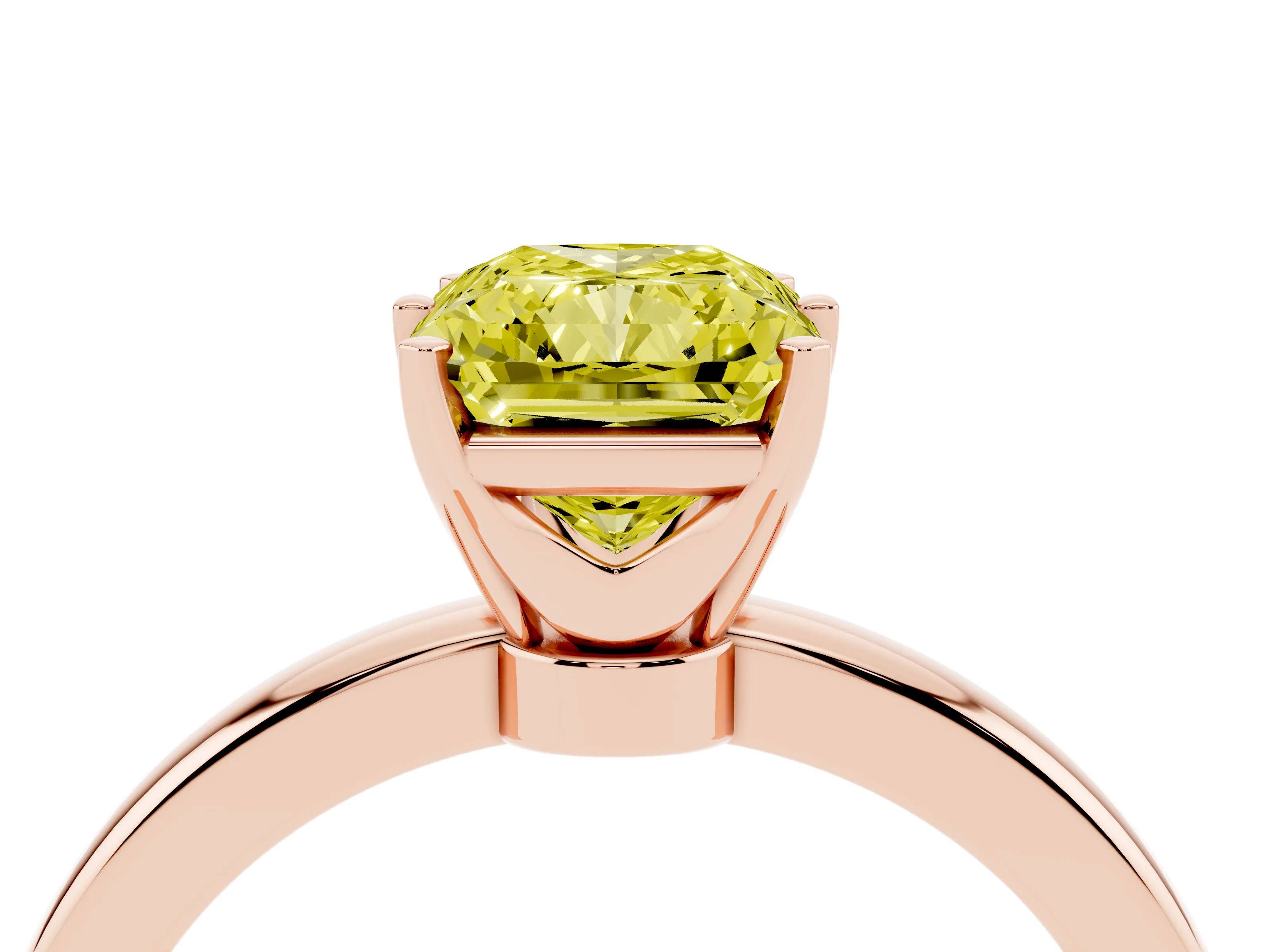 Fancy Yellow Radiant Cut Diamond Solitaire Ring Set in Rose gold with Raised Prong Setting on a Classic Band