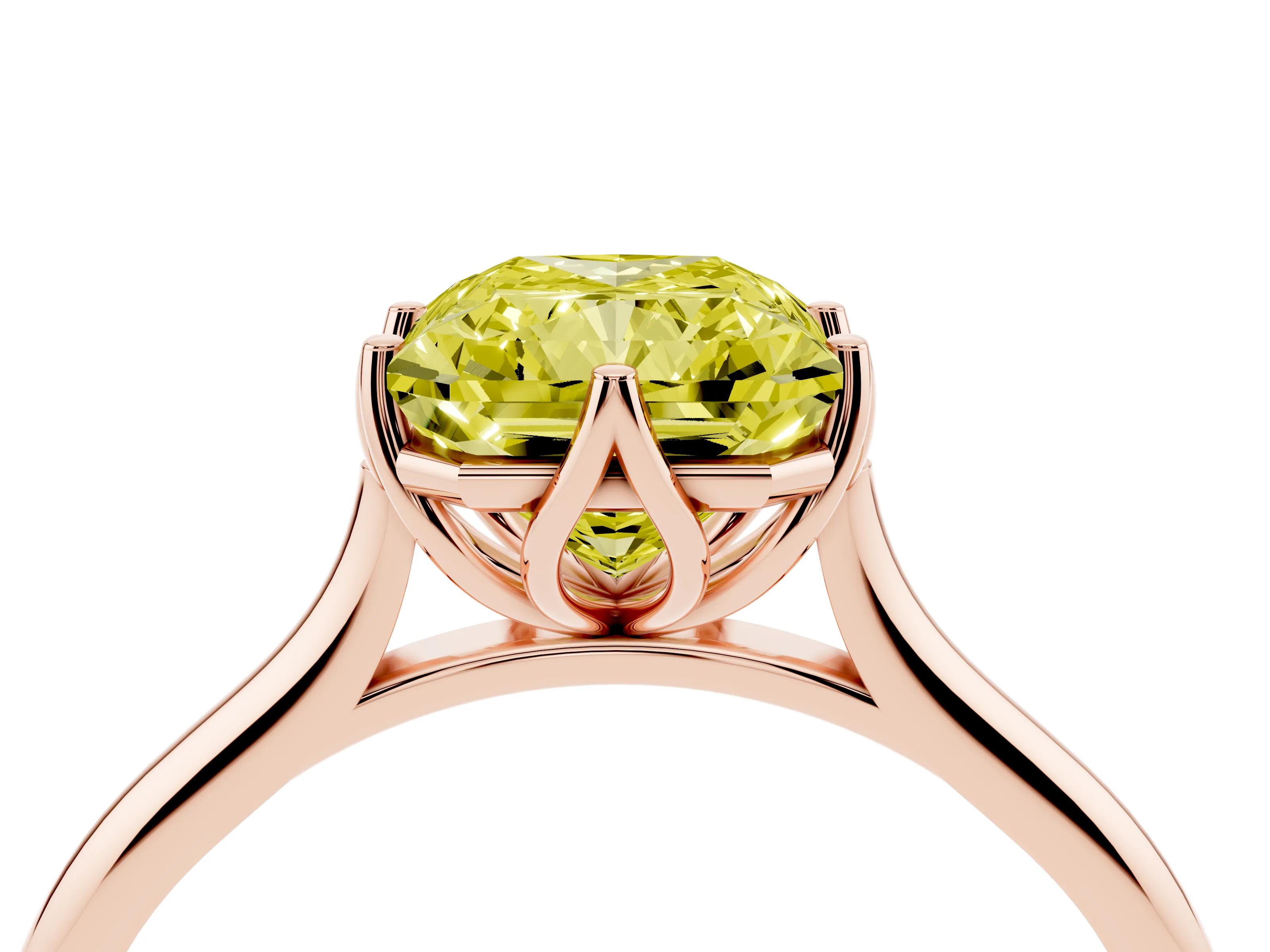 Fancy Yellow Radiant Cut Diamond Solitaire Cathedral Ring Set in Rose gold with Prong Setting