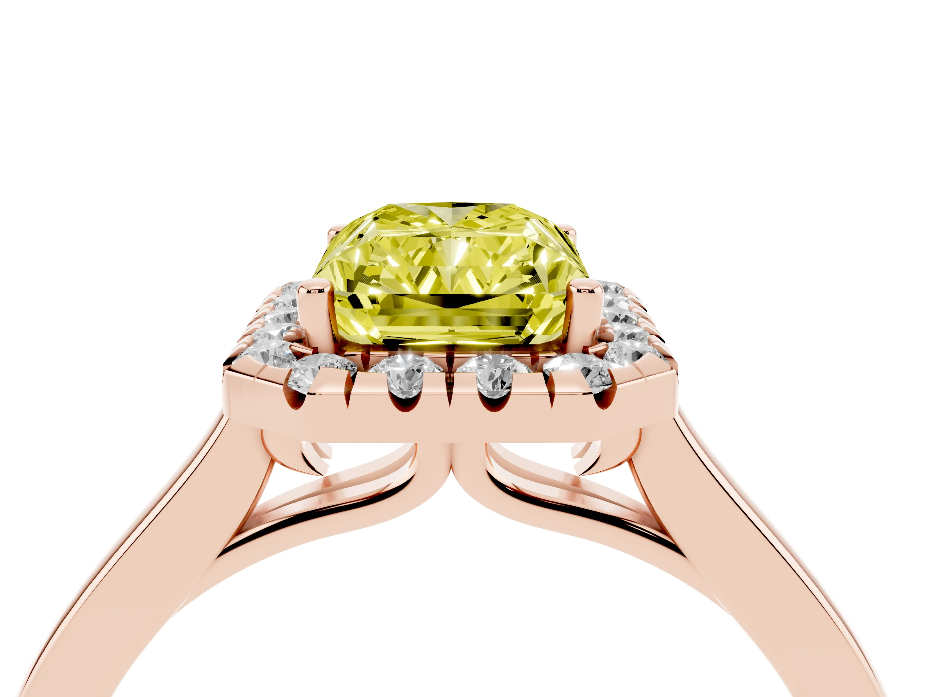 Fancy Yellow Radiant Cut Halo Round Diamond Solitaire Ring Set in Rose gold with Pavé Band and Prong Setting