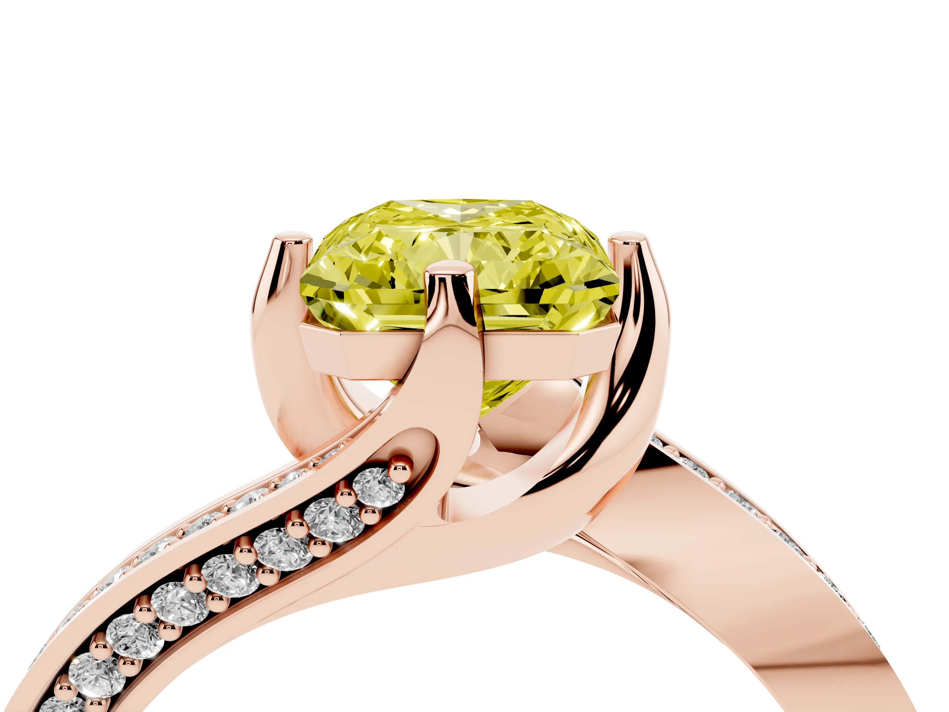 Fancy Yellow Radiant Cut Diamond Solitaire Ring Set in Rose gold with Intertwined Pavé Twist Band