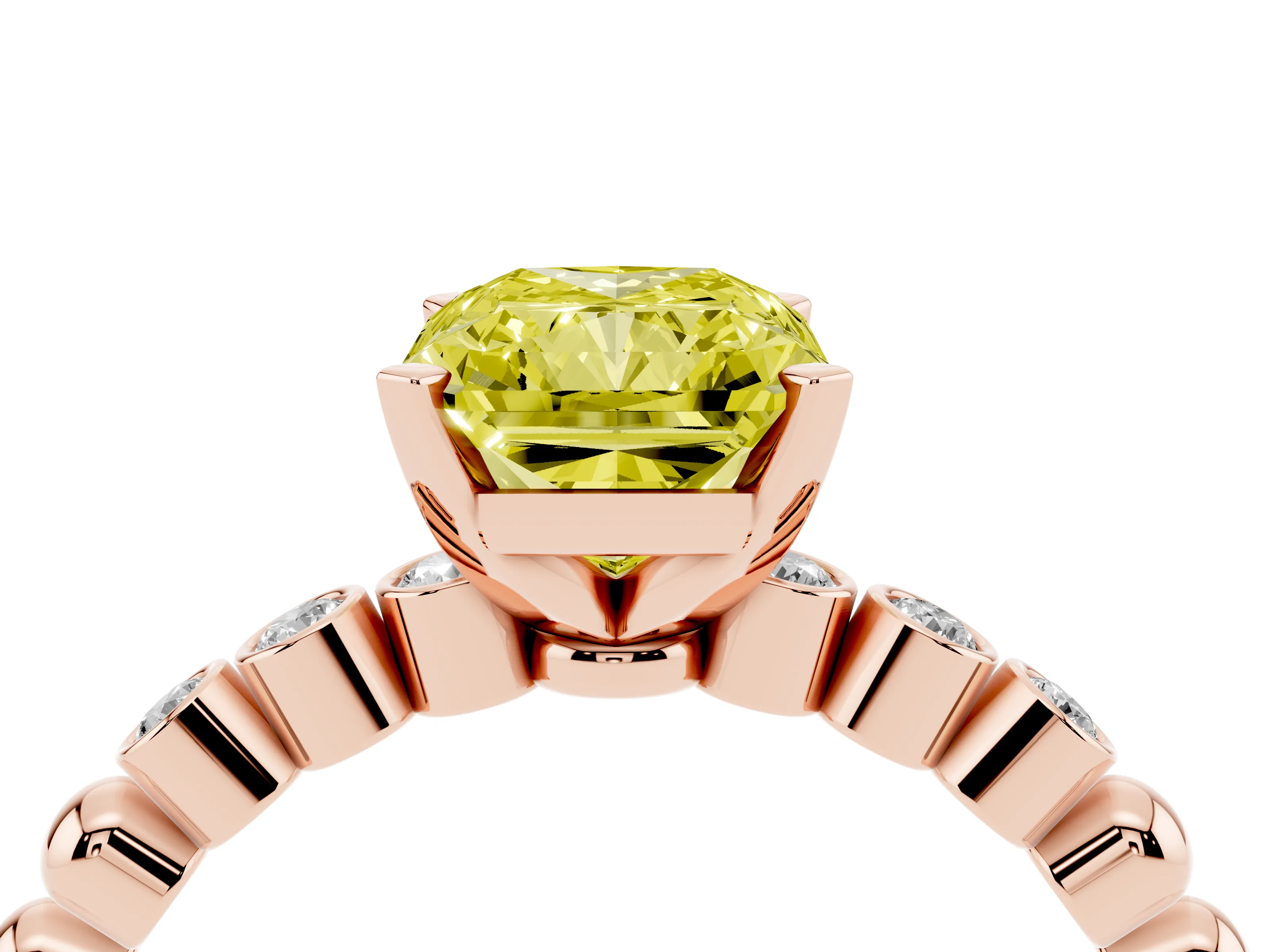 Fancy Yellow Radiant Cut Diamond Solitaire Engagement Ring Set in Rose gold with Bezel Accents on Beaded Band