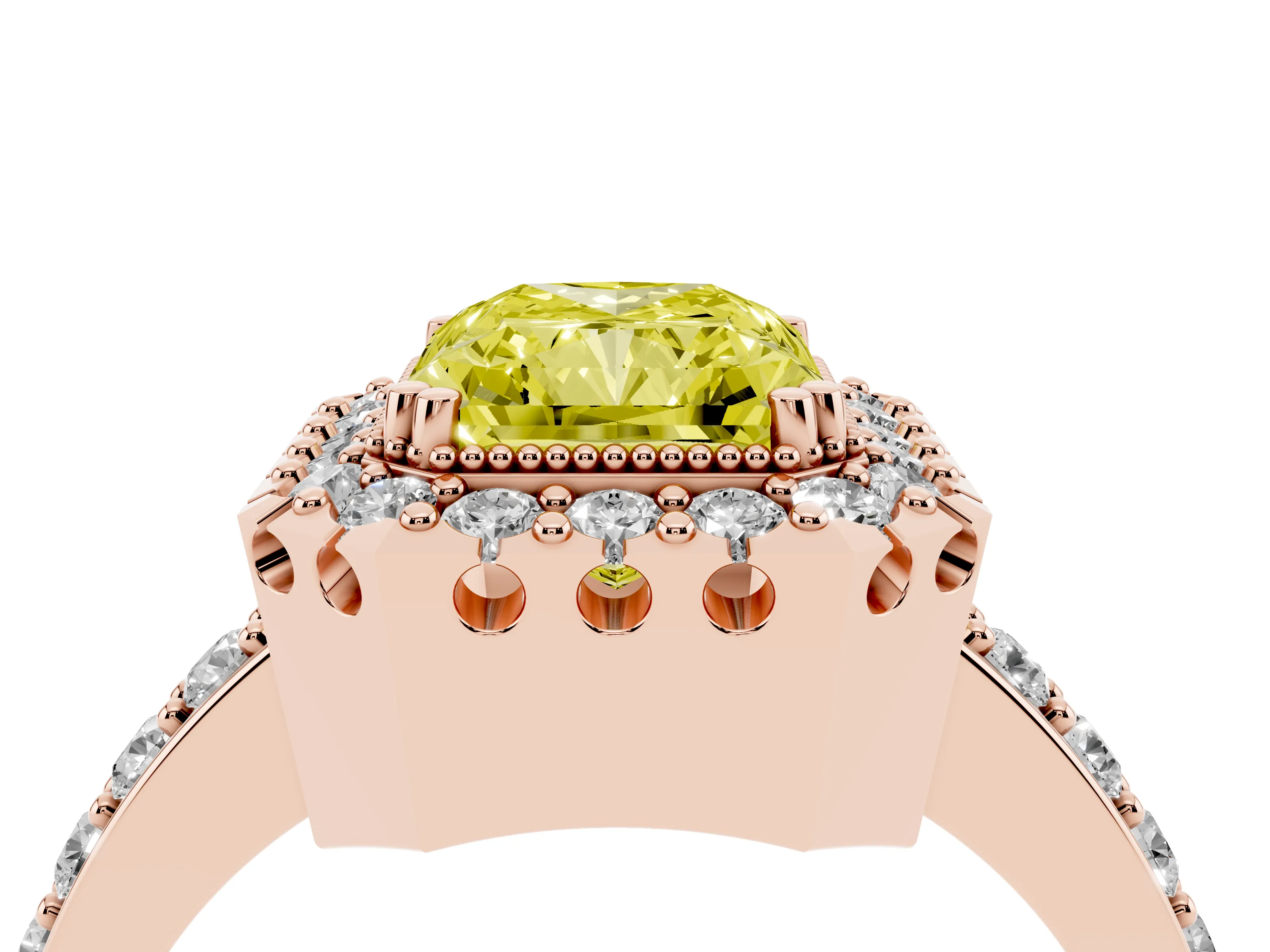 Fancy Yellow Radiant Cut Diamond Halo Ring Set in Rose gold with Pavé Shank and Prong Setting