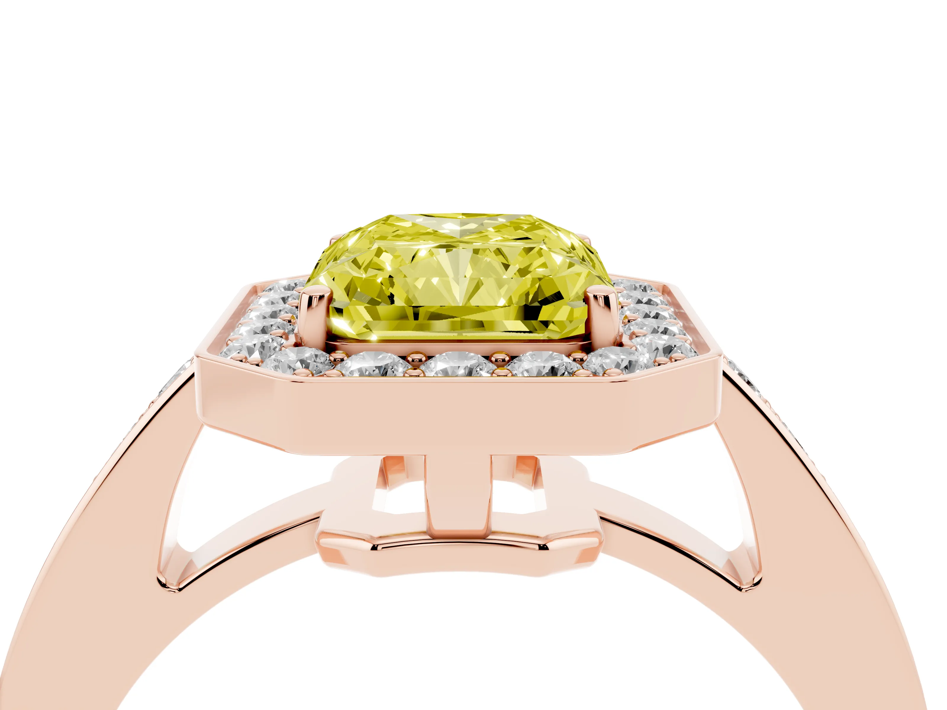Fancy Yellow Radiant Cut Diamond Halo Pavé Engagement Ring Set in Rose gold with Bezel Setting