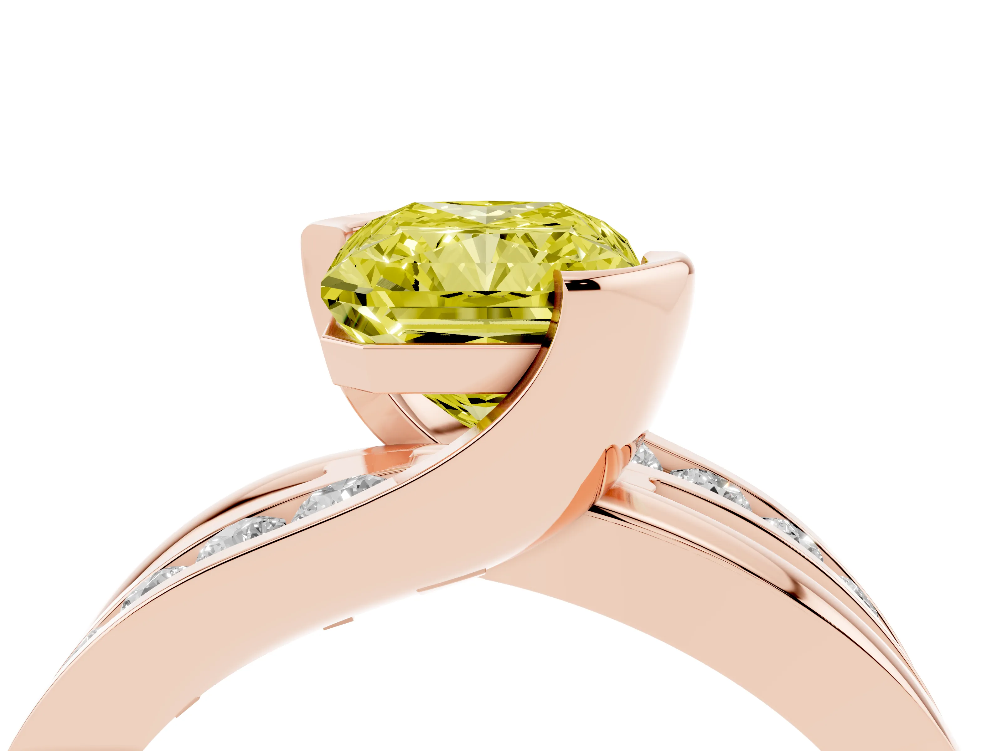 Fancy Yellow Radiant Cut Diamond Solitaire Ring Set in Rose gold with Channel Set Split Shank and Tension Prongs