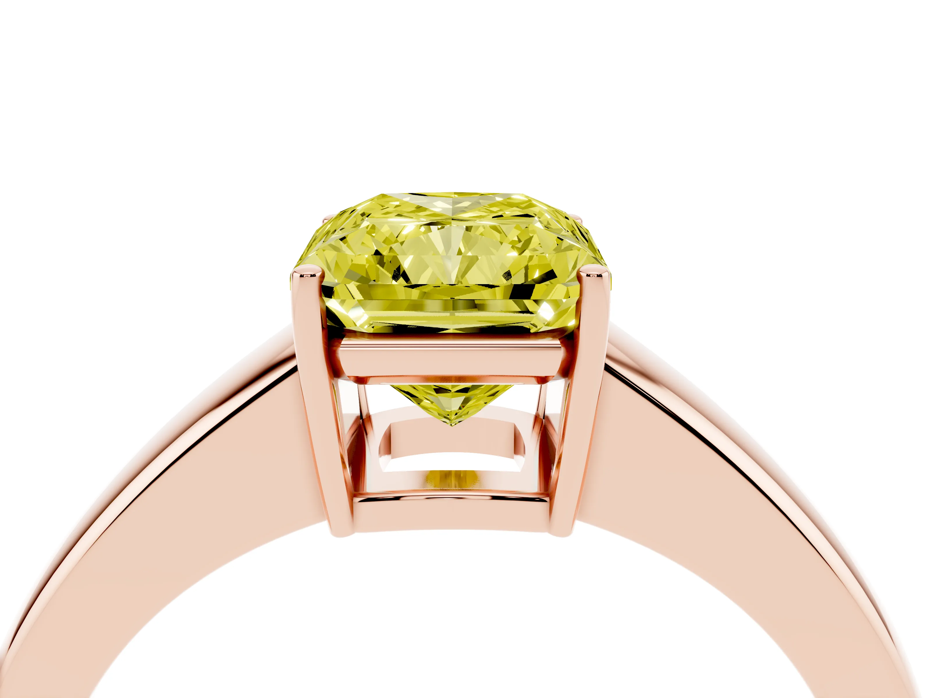 Fancy Yellow Radiant Cut Diamond Solitaire Ring Set in Rose gold with Tapered Band and Prong Setting
