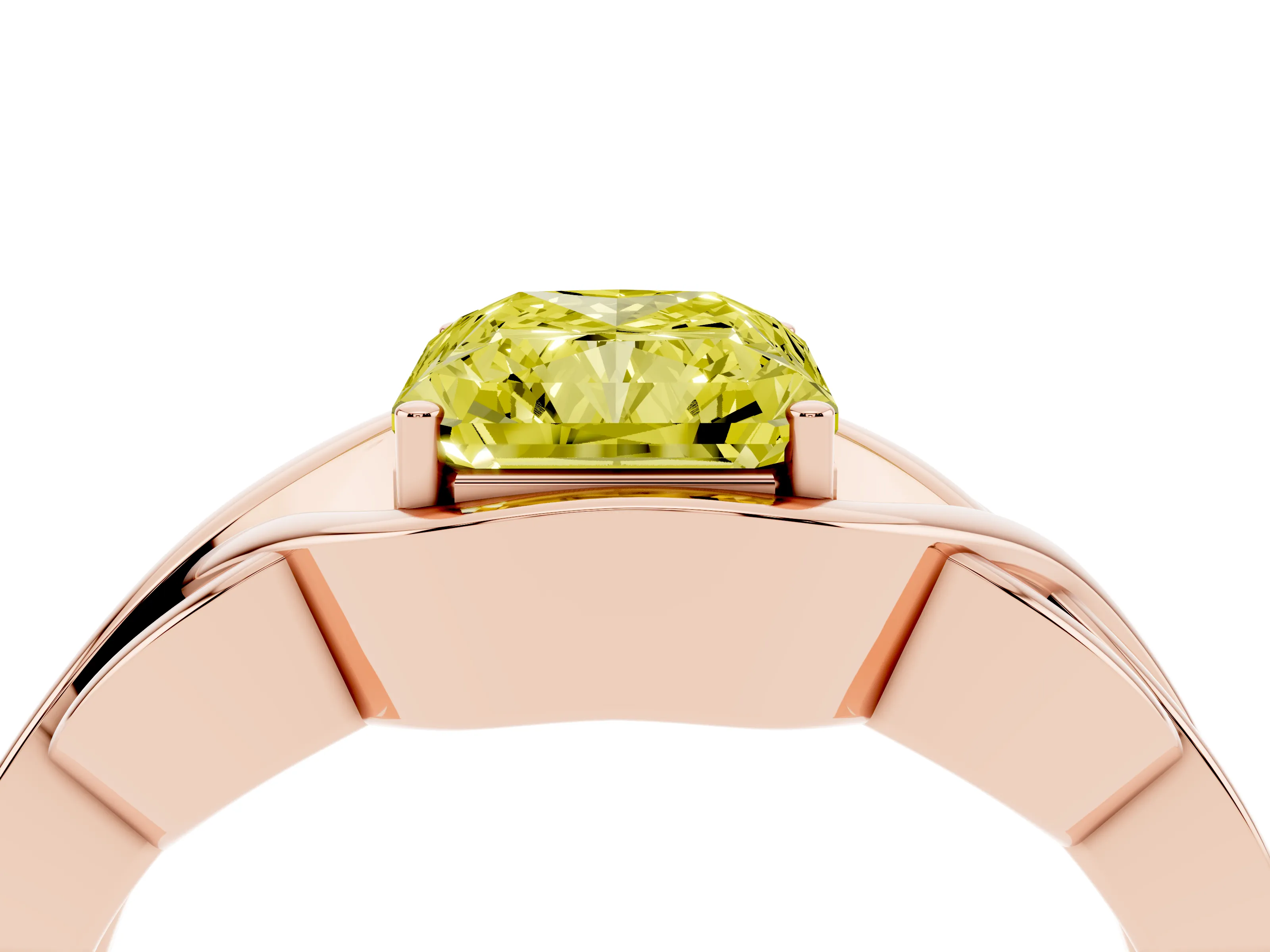Fancy Yellow Radiant Cut Diamond Solitaire Ring Set in Rose gold with Intertwined Band