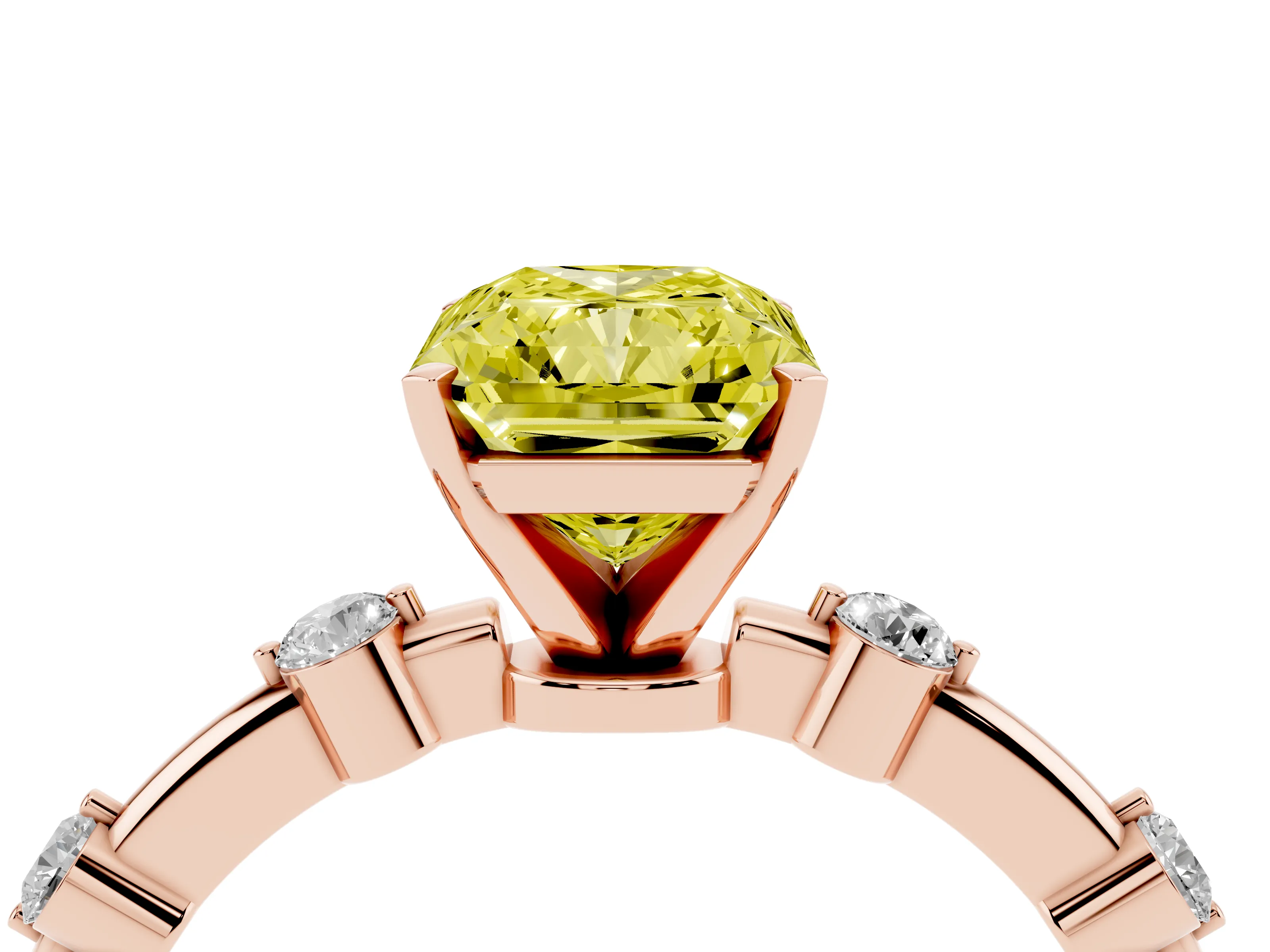 Fancy Yellow Radiant Cut Diamond Solitaire Ring Set in Rose gold with Bezel Set Side Stones and Prong Setting