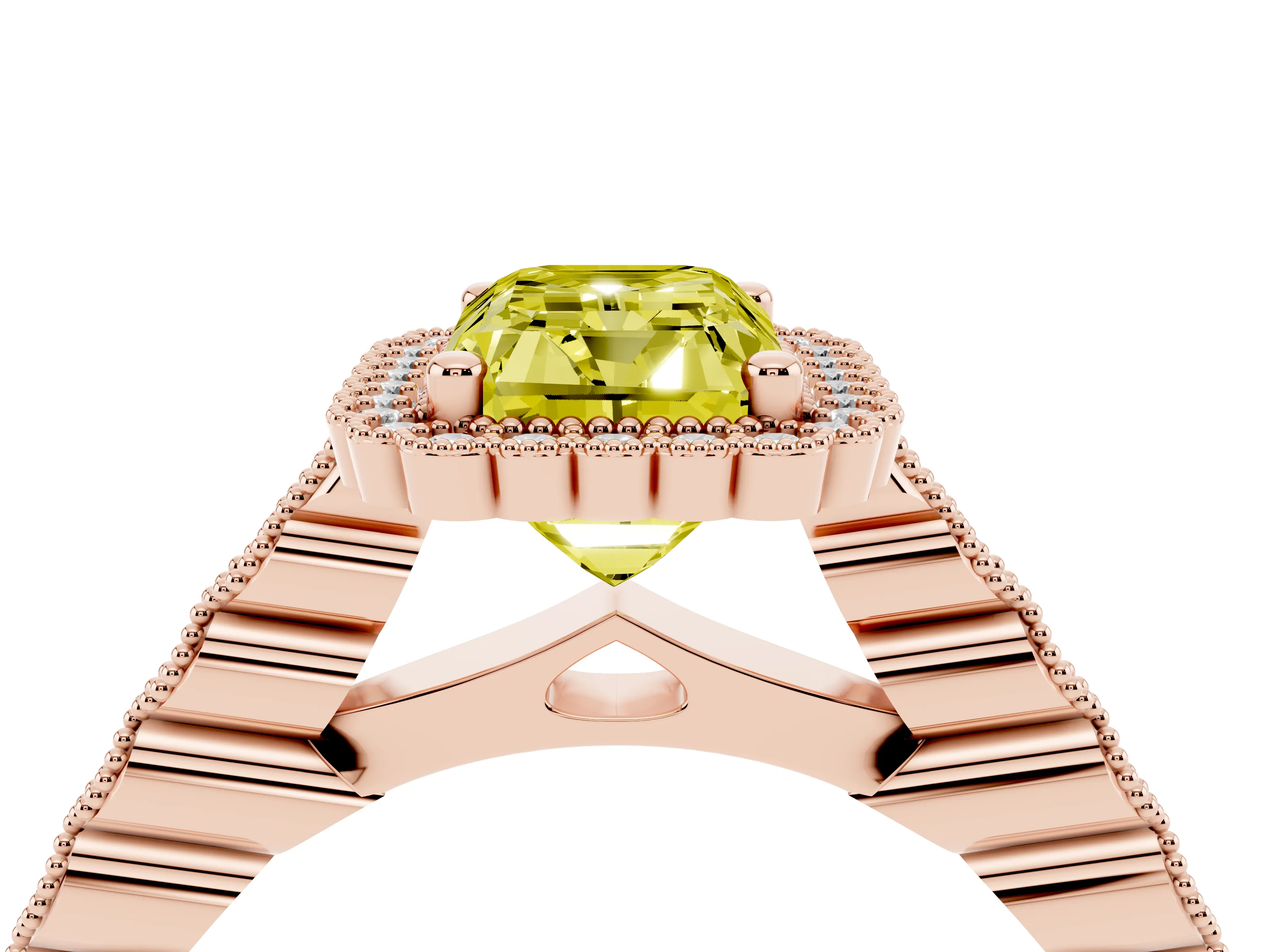 Fancy Yellow Radiant Cut Diamond Halo Ring Set in Rose gold with Pavé Milgrain Band