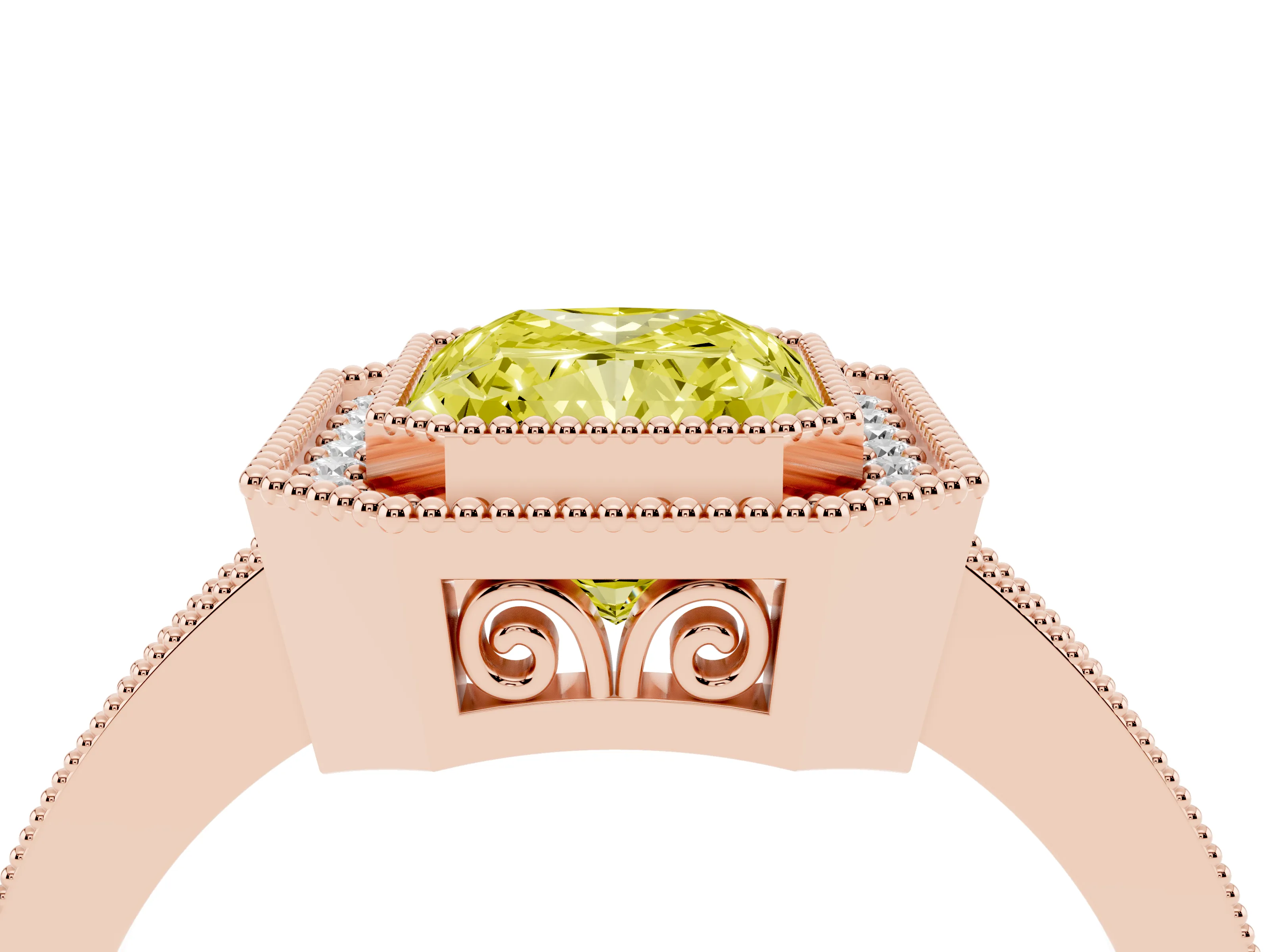 Fancy Yellow Radiant Cut Diamond Halo Ring Set in Rose gold with Pavé Band and Milgrain-Edged Prongs