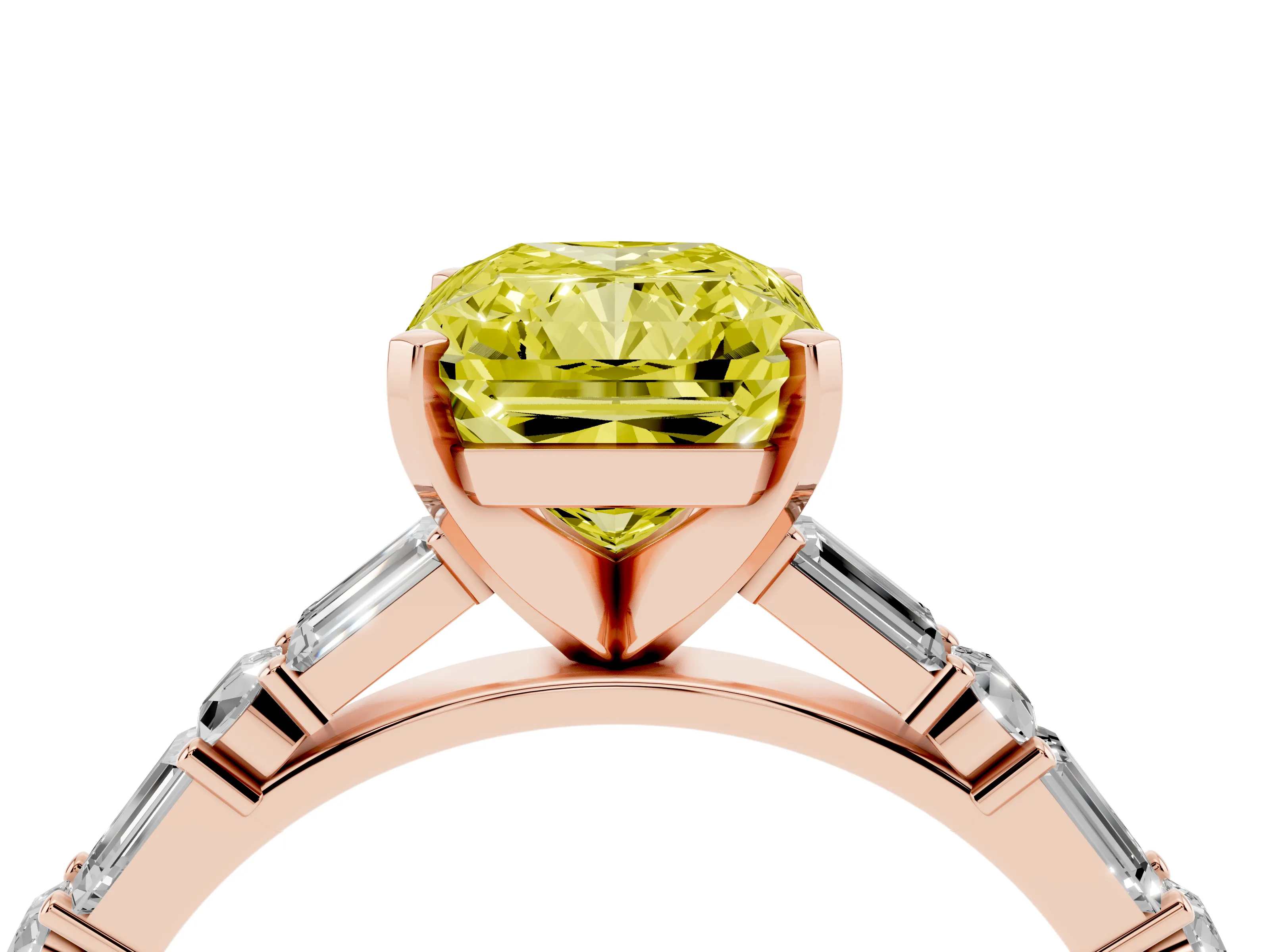 Fancy Yellow Radiant Cut Diamond Solitaire Set in Rose gold with Side Baguettes and Channel Set Band