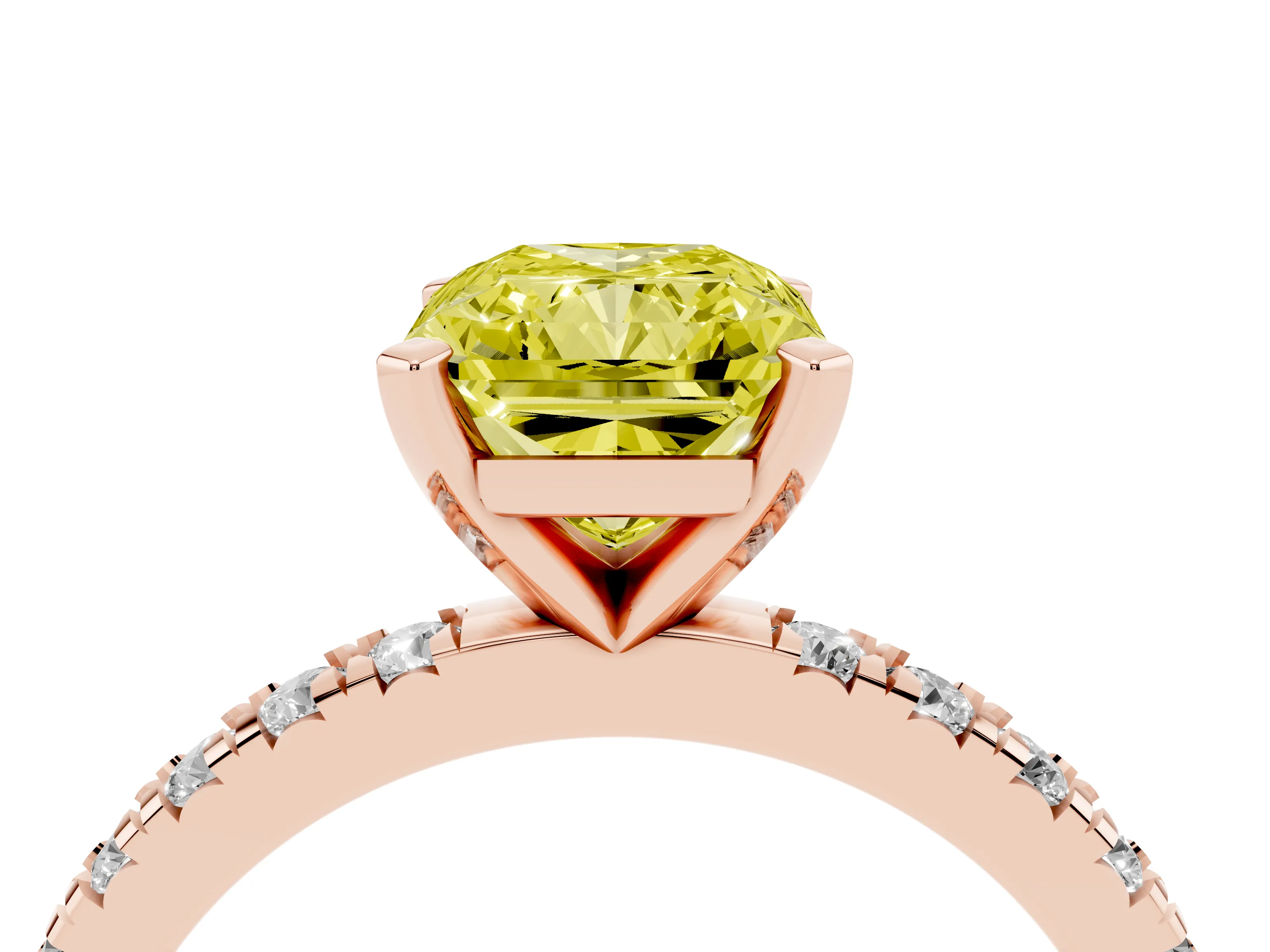 Fancy Yellow Radiant Cut Diamond Pavé Band Solitaire Set in Rose gold with Prong Setting