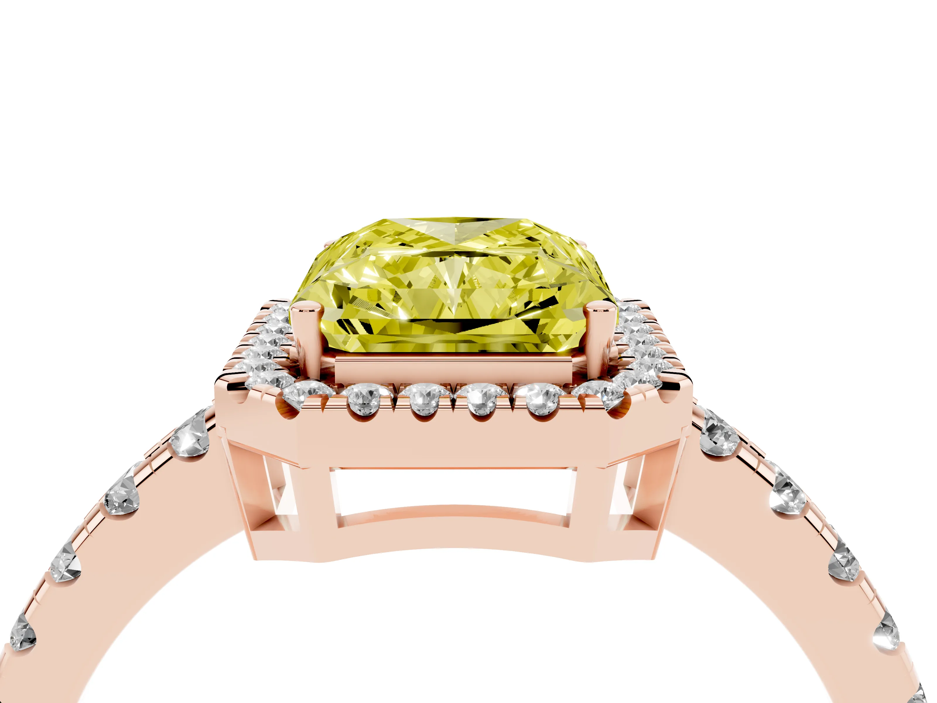 Fancy Yellow Radiant Cut Diamond Halo Ring Set in Rose gold with Delicate Pavé Band and Prong Setting