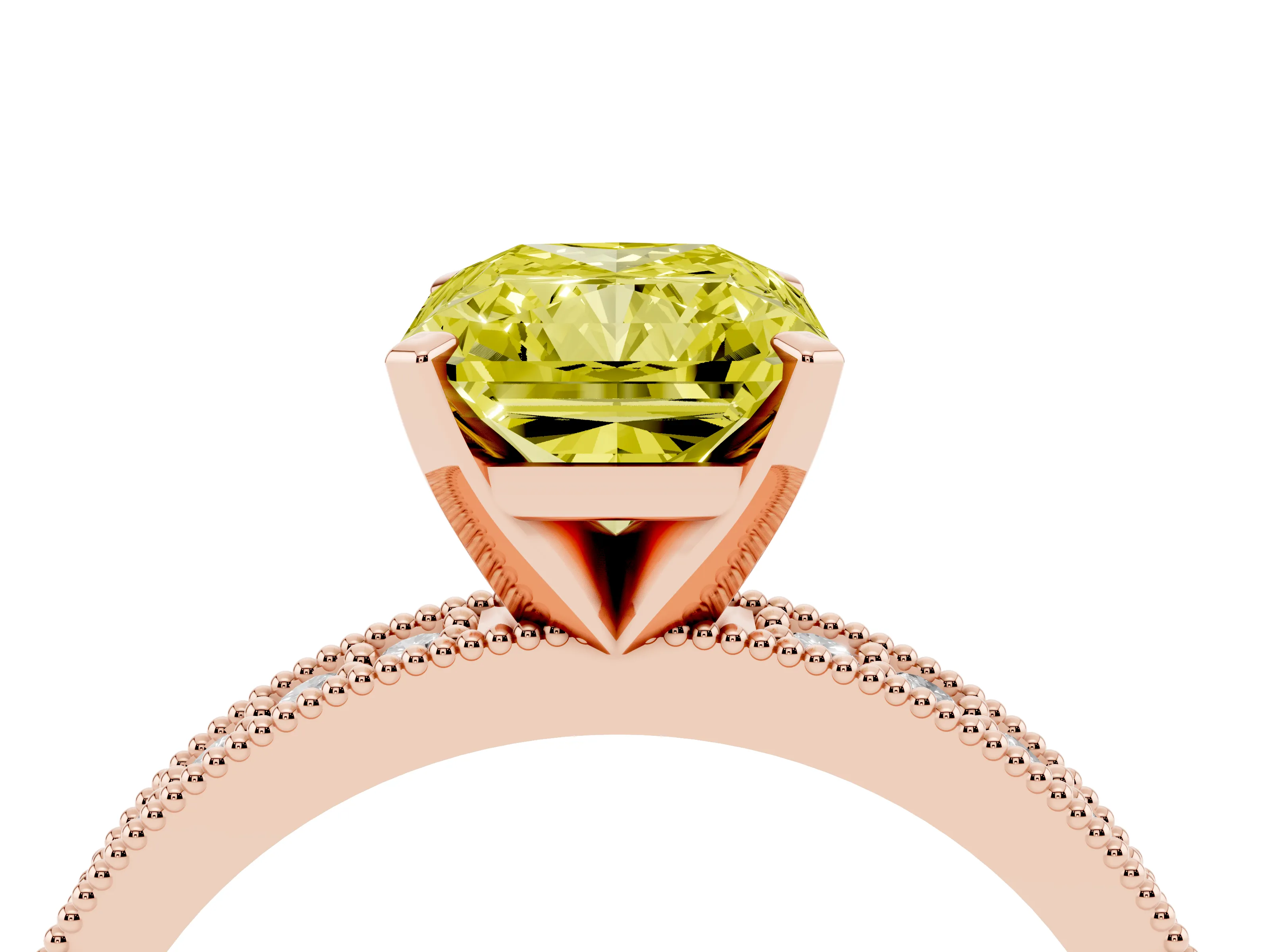 Fancy Yellow Radiant Cut Diamond Milgrain Pavé Engagement Ring Set in Rose gold with Prong Setting
