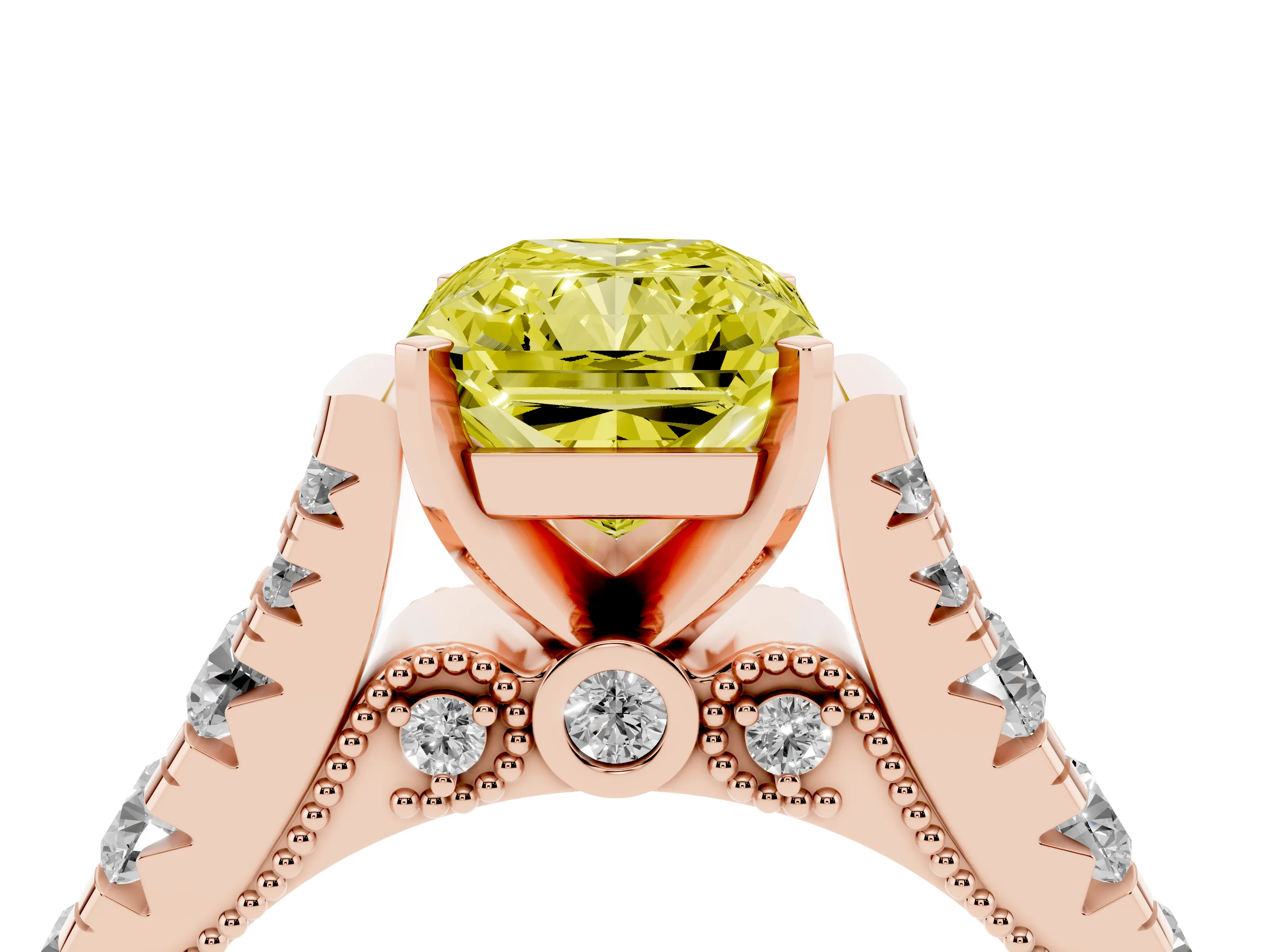 Fancy Yellow Radiant Cut Diamond Classic Solitaire Ring Set in Rose gold with Pavé Band and Prong Setting