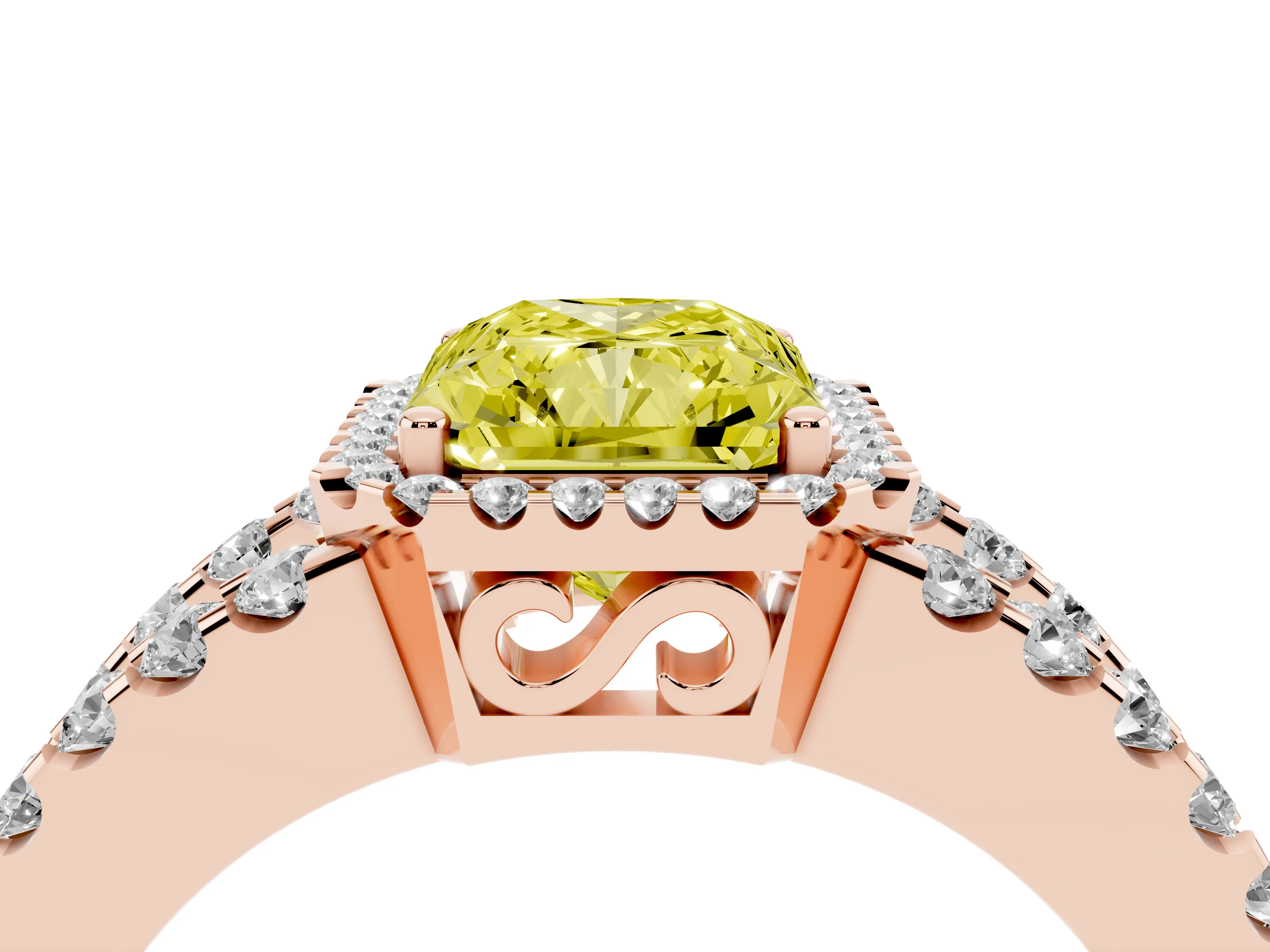 Fancy Yellow Radiant Cut Diamond Halo Ring Set in Rose gold with Pavé Split Shank and Prong Setting