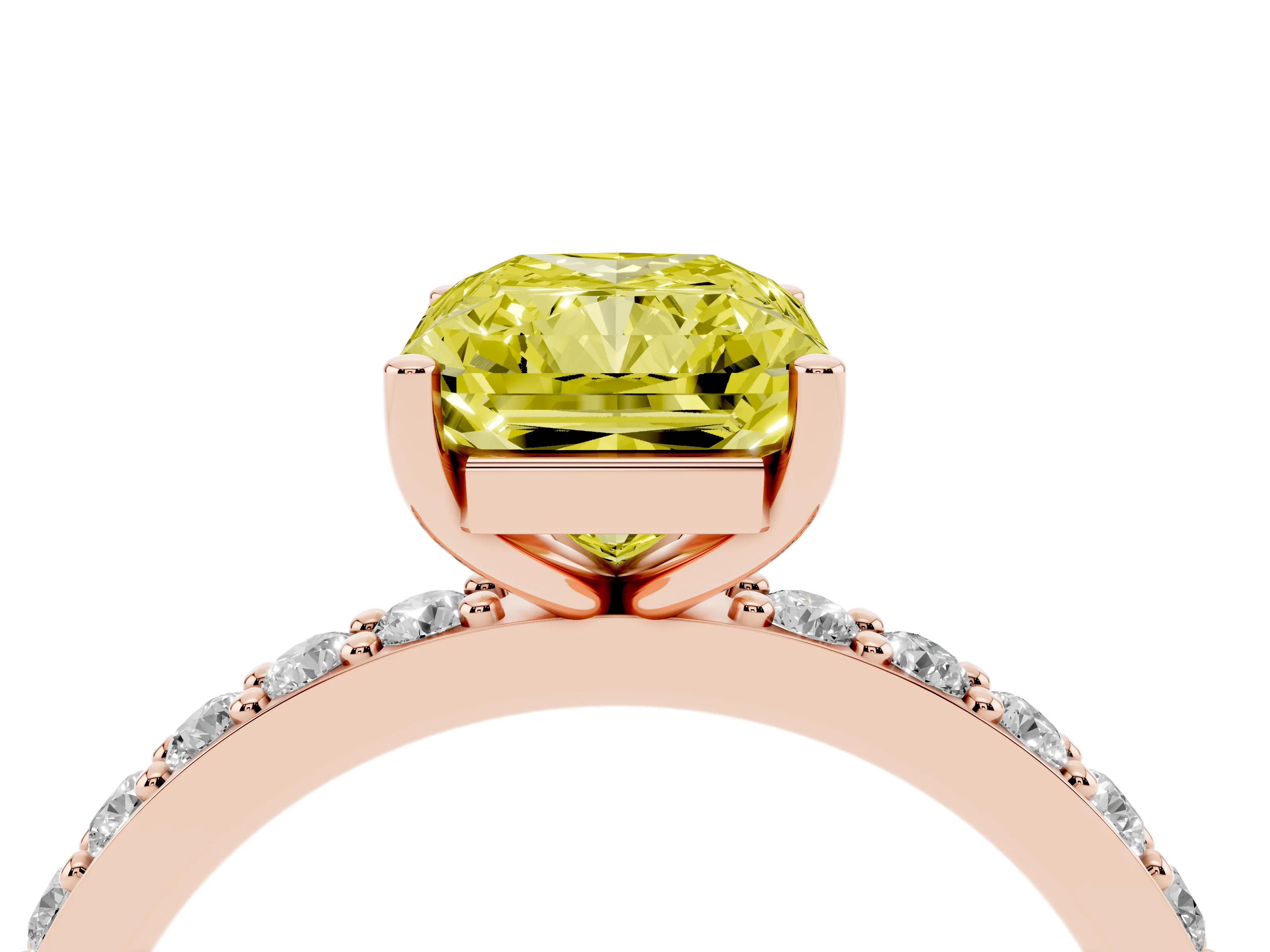 Fancy Yellow Radiant Cut Diamond Solitaire Set in Rose gold with Round Pavé Band and Prong Setting