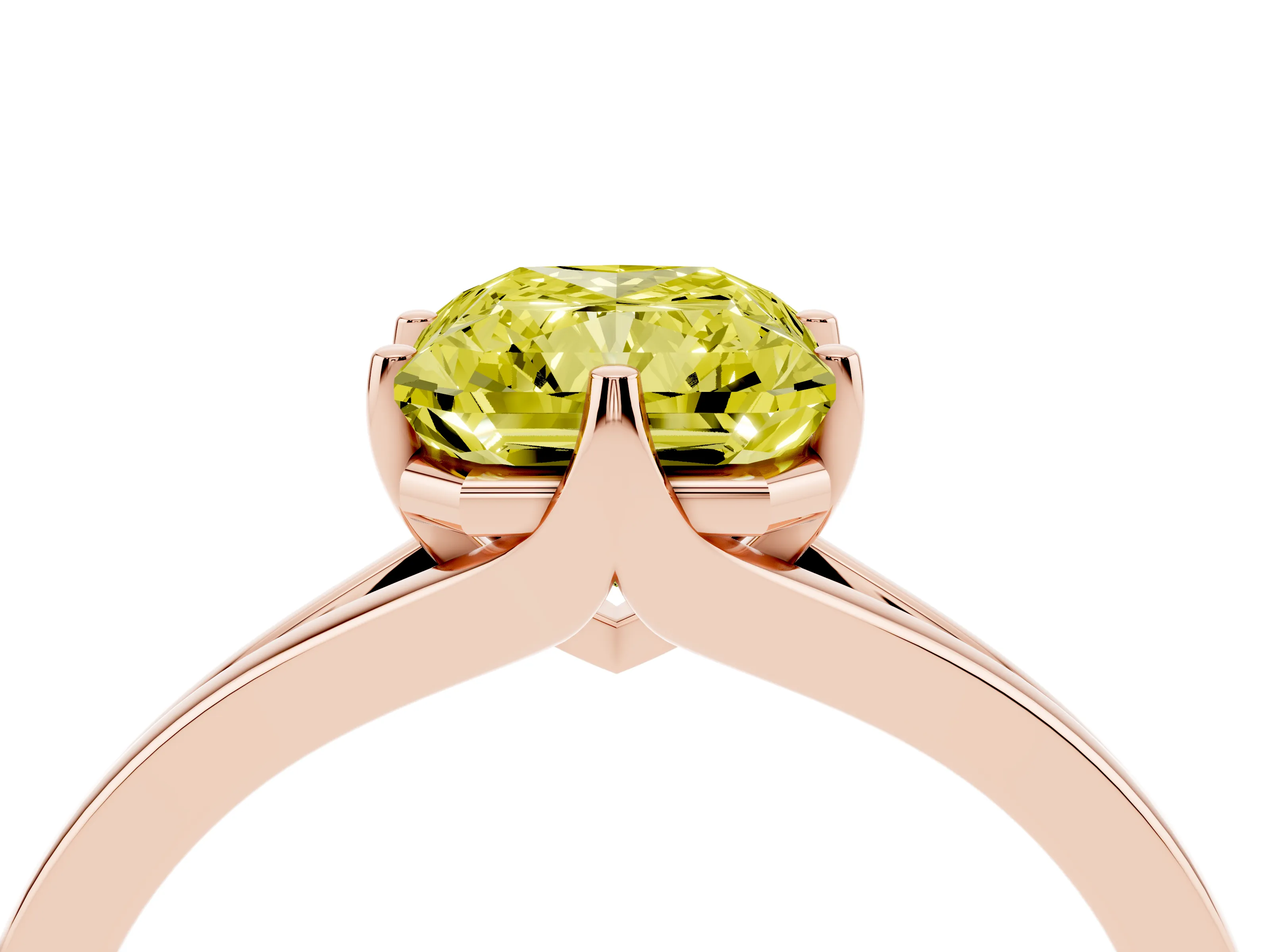 Fancy Yellow Radiant Cut Diamond Solitaire Ring Set in Rose gold with Polished Tapered Band and Prong Setting