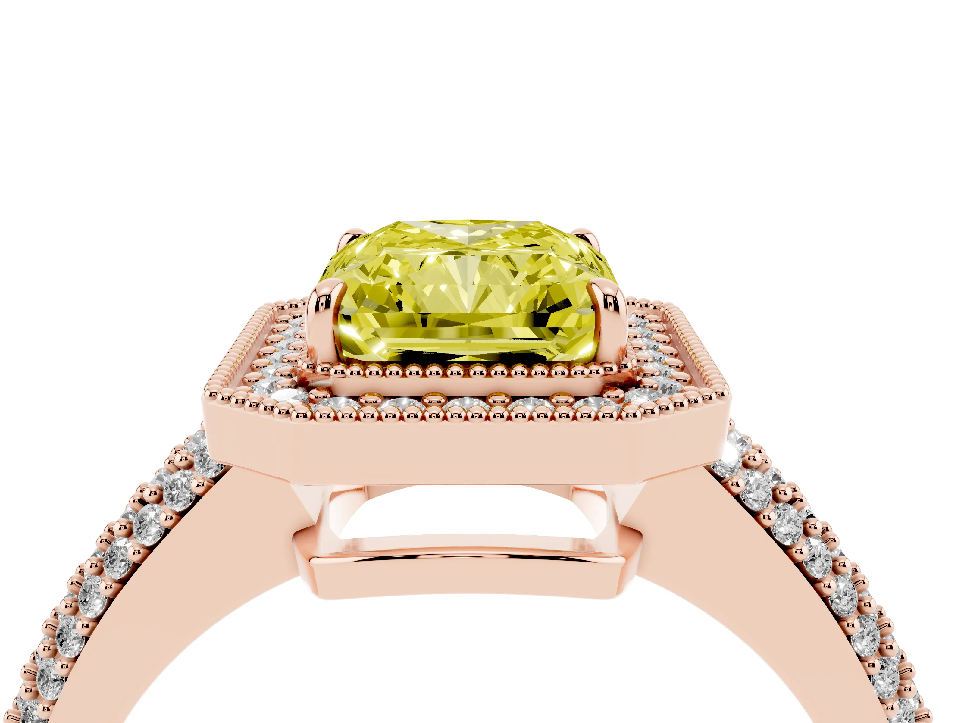 Fancy Yellow Radiant Cut Diamond Halo Pavé Band Set in Rose gold with Prong Setting