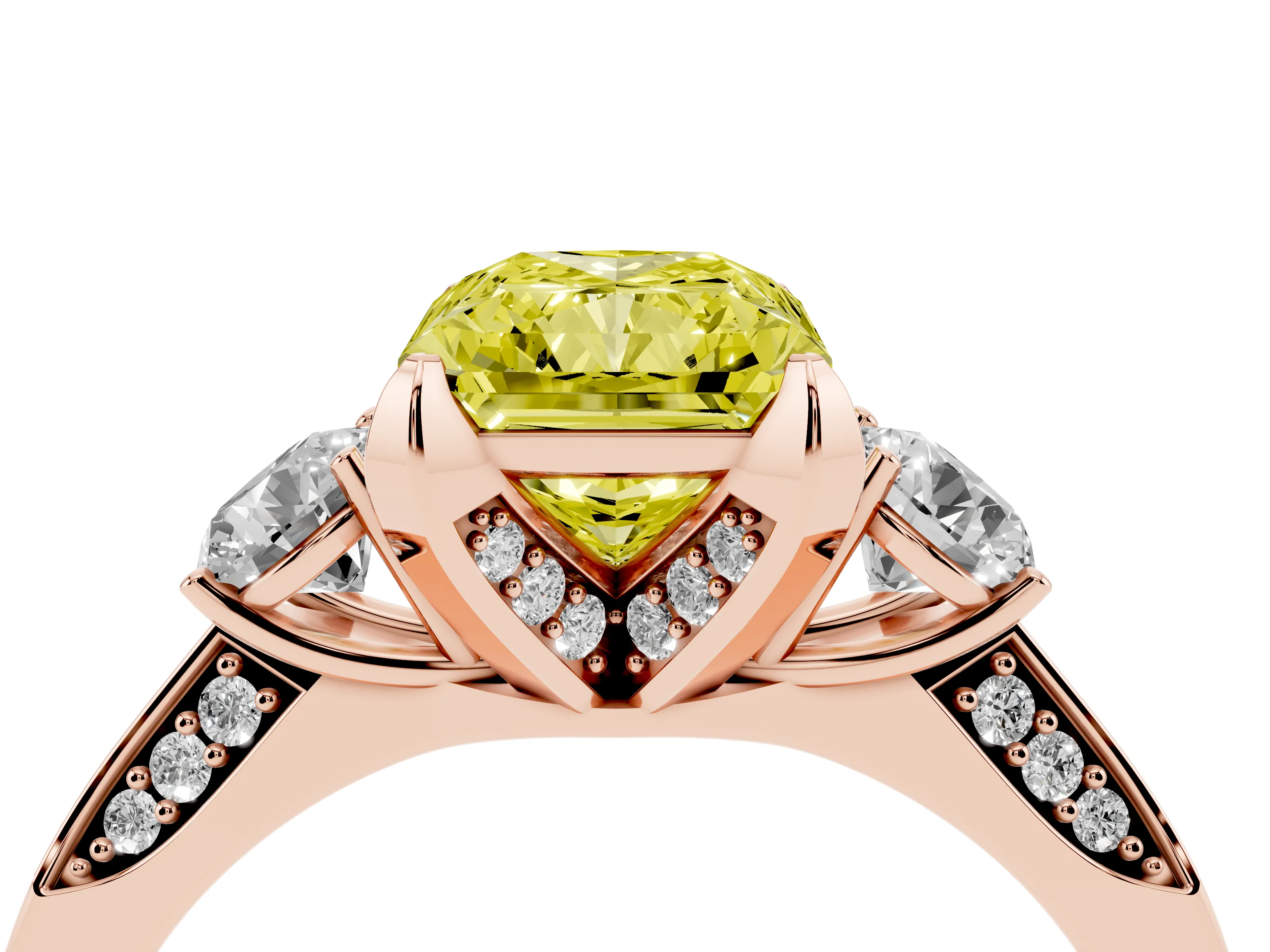 Fancy Yellow Radiant Cut Diamond Three-Stone Ring Set in Rose gold with Pavé Band and Smaller Side Stones