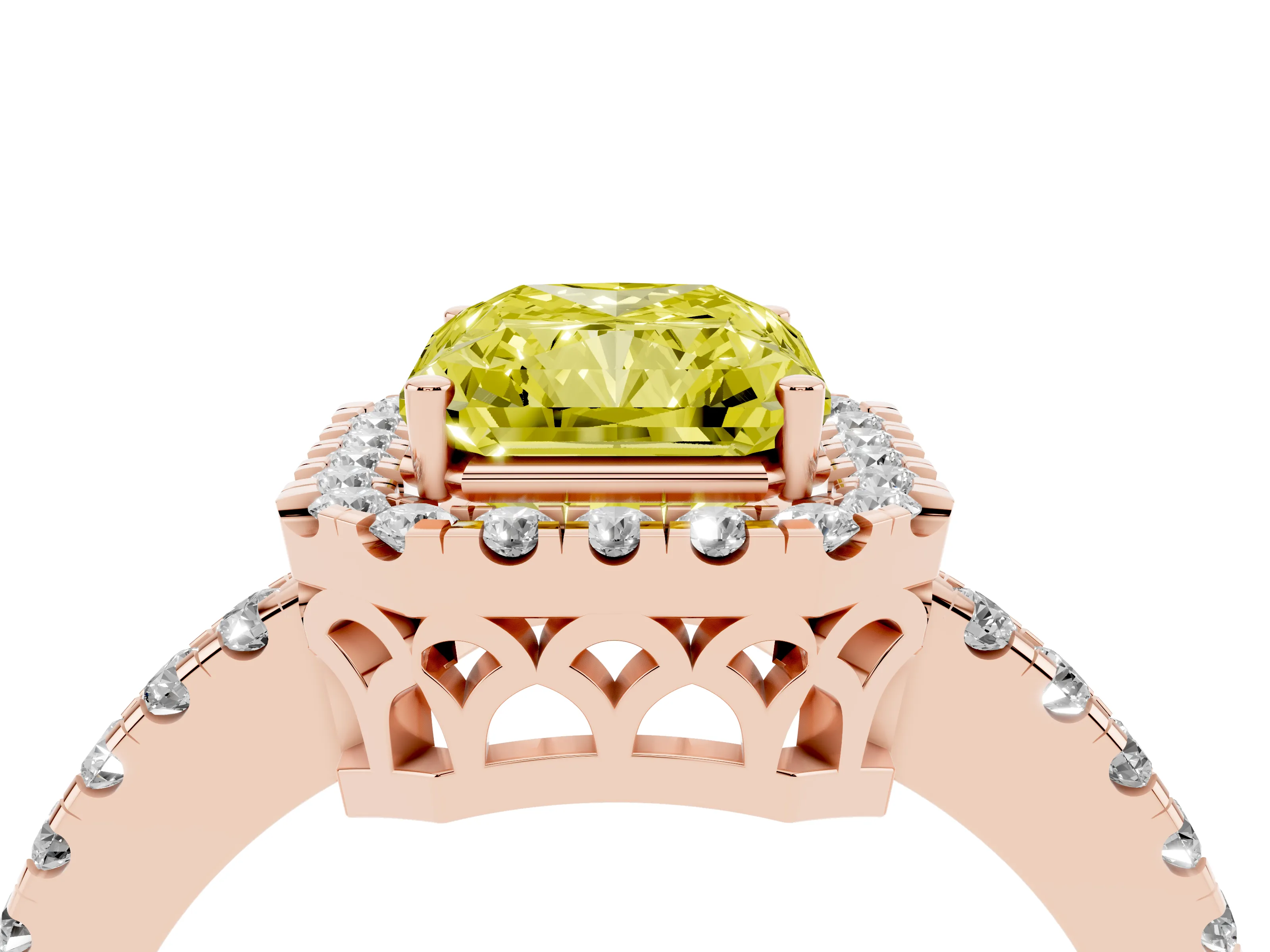 Fancy Yellow Radiant Cut Diamond Pavé Band Halo Engagement Ring Set in Rose gold with Prong Setting