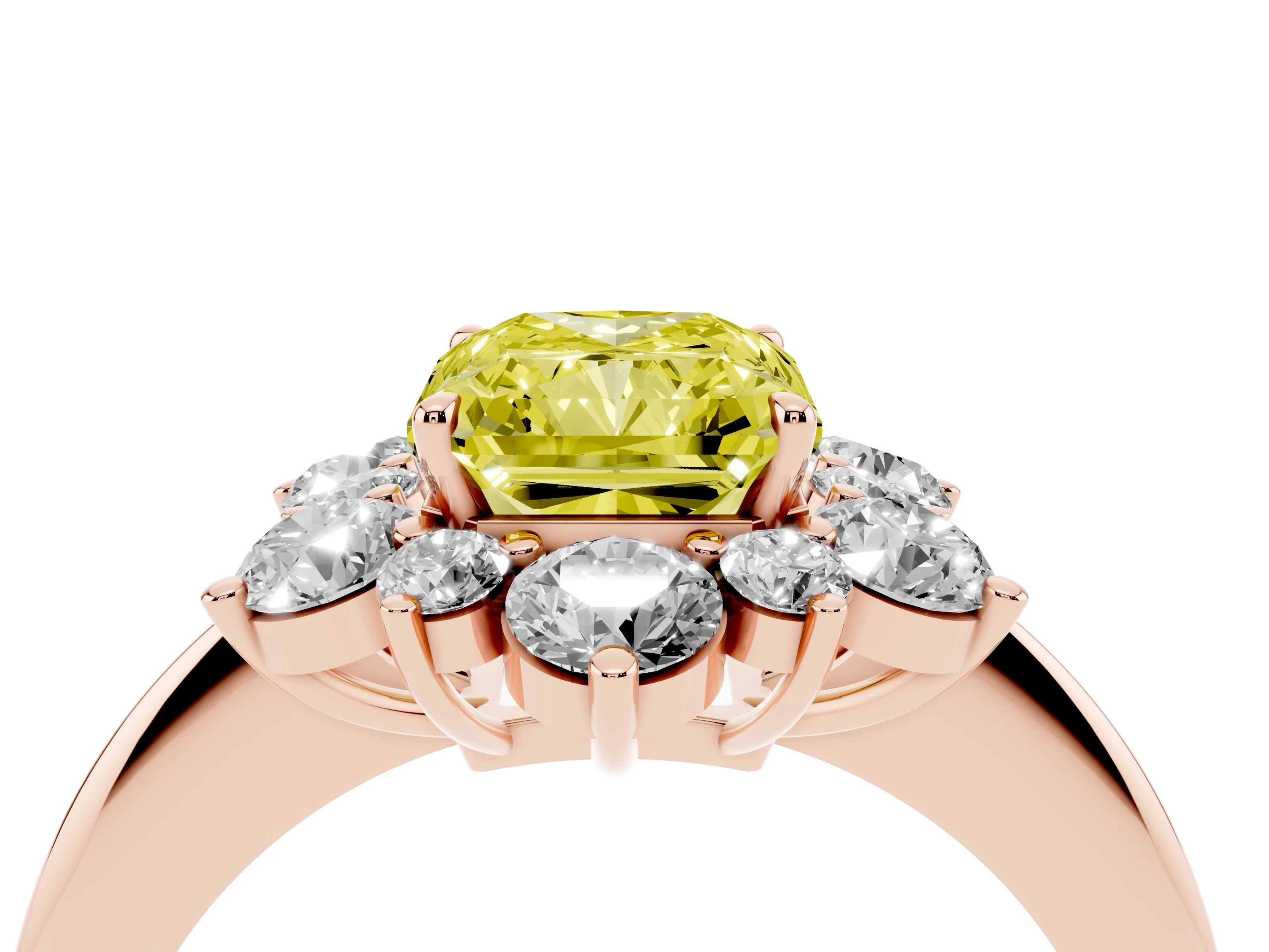 Fancy Yellow Radiant Cut Diamond Cluster Halo Ring Set in Rose gold with Solitaire Band and Prong Setting