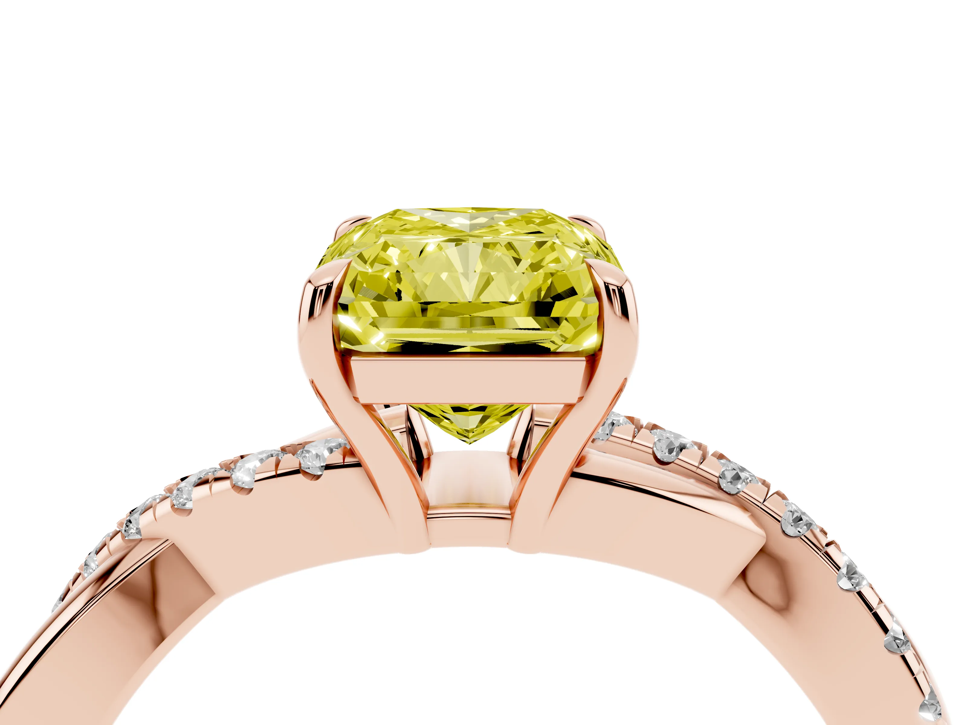 Fancy Yellow Radiant Cut Diamond Twisted Pavé Band Ring Set in Rose gold with Prong Setting