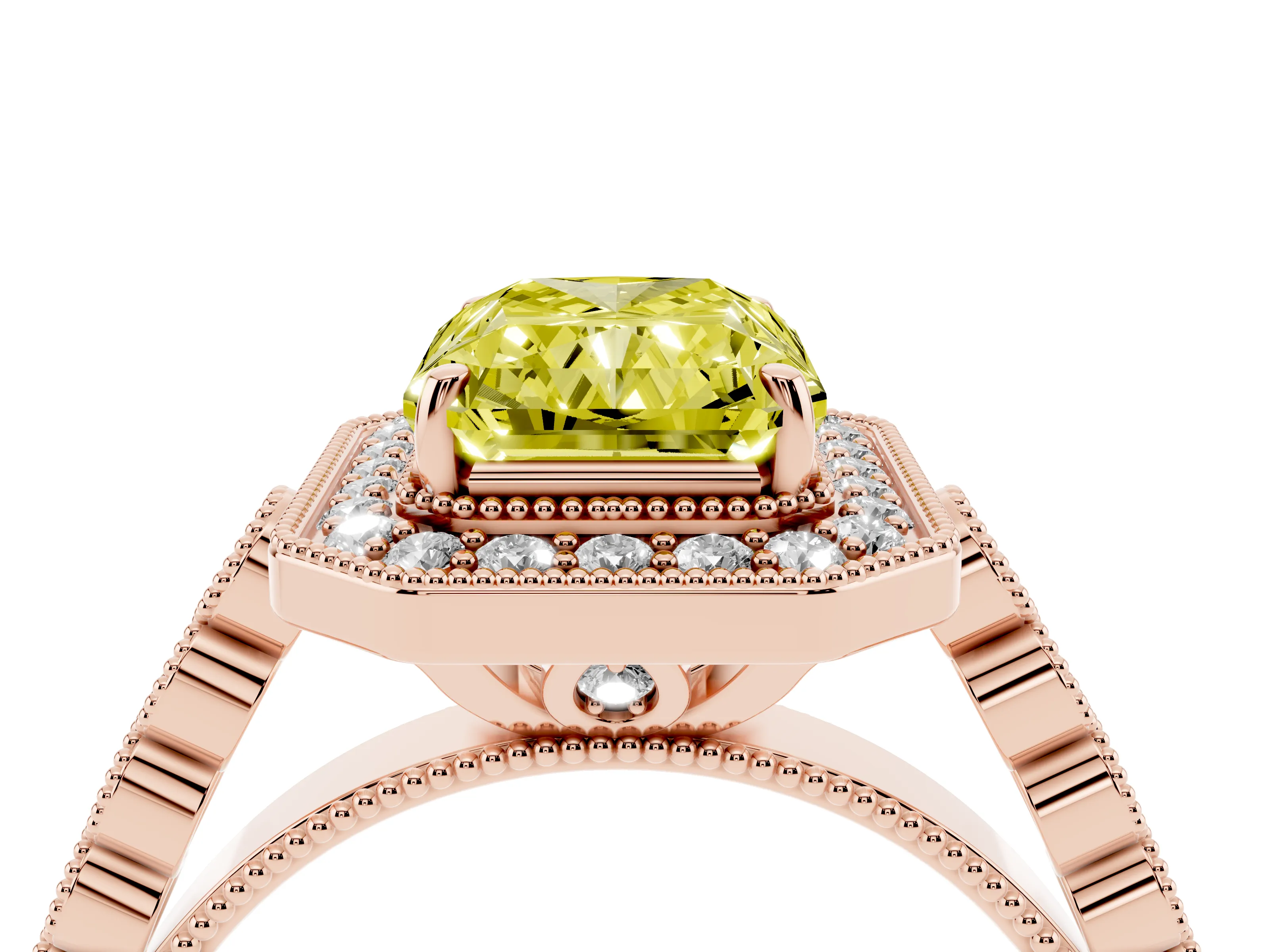 Fancy Yellow Radiant Cut Diamond Milgrain Halo Solitaire Ring Set in Rose gold with Bezel Set Side Stones and Pavé Band